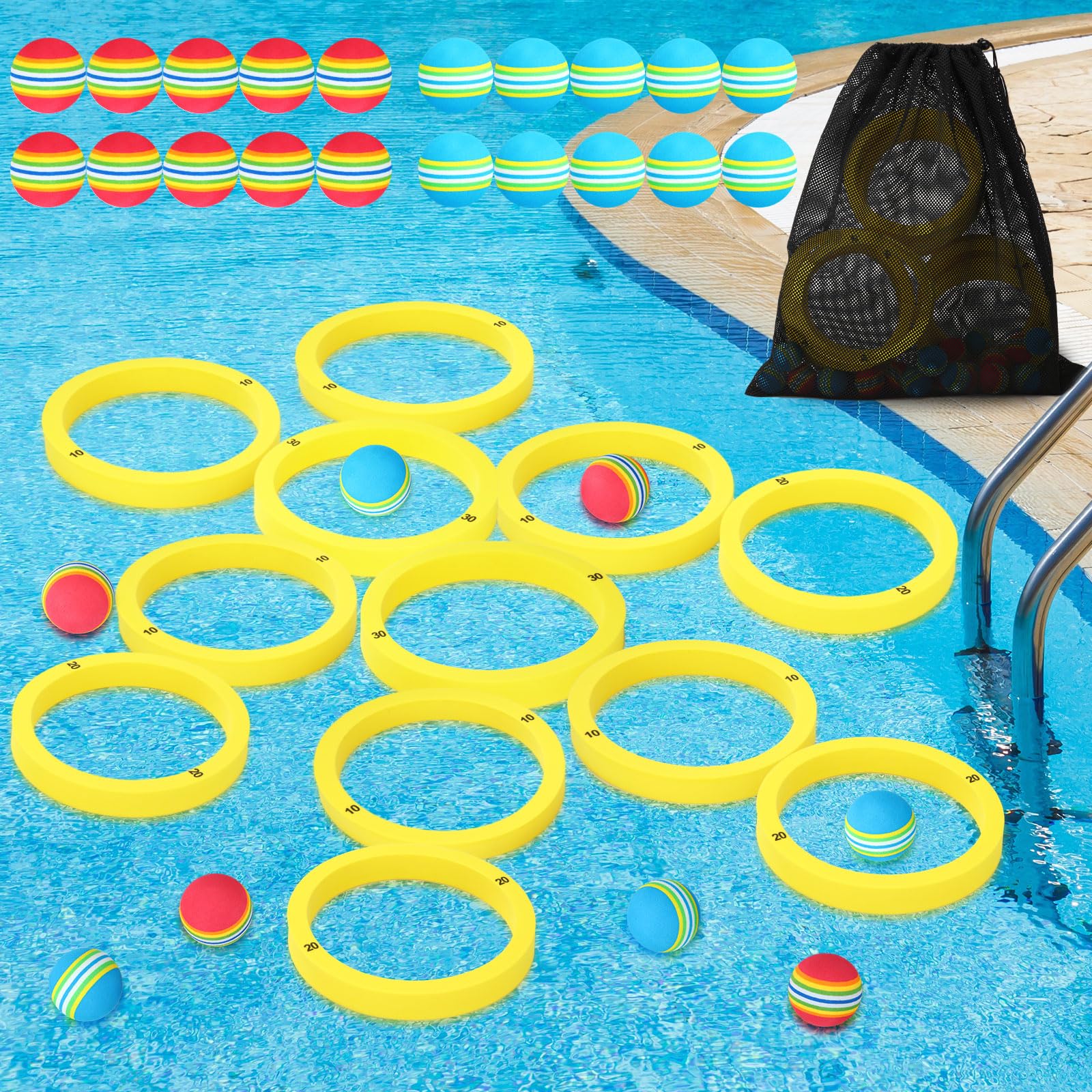 SratteWater Sports Pool Toss Game Pool Game with Score Floating Foam Rings with 20 Foam Rainbow EVA Balls Toys with Storage Bag for Outdoor Games Pool Party Family Party (Yellow)