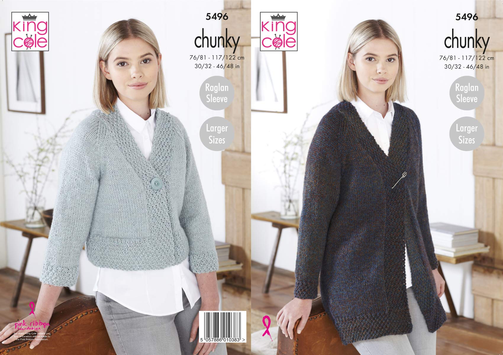 King Cole5496 Knitting Pattern Womens Raglan Sleeve Cardigans in Big Value Poplar Chunky