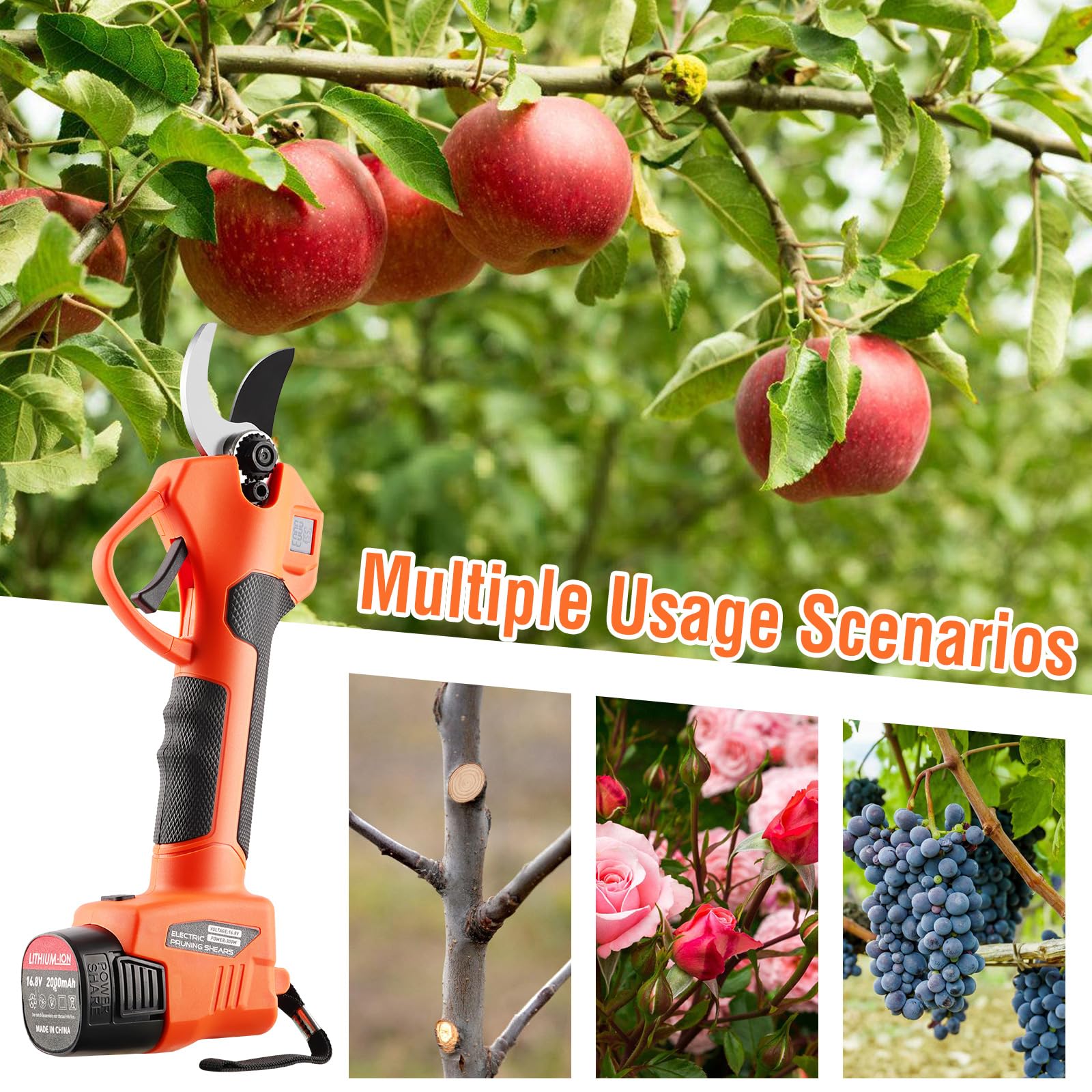 Forbici Potatura a Batteria Brushless 35 mm con 2 Batterie 2.0Ah | Doppia apertura regolabile per rami diversi, lama precisa, perfetta per alberi da frutto, vigneto e lavori di giardinaggio