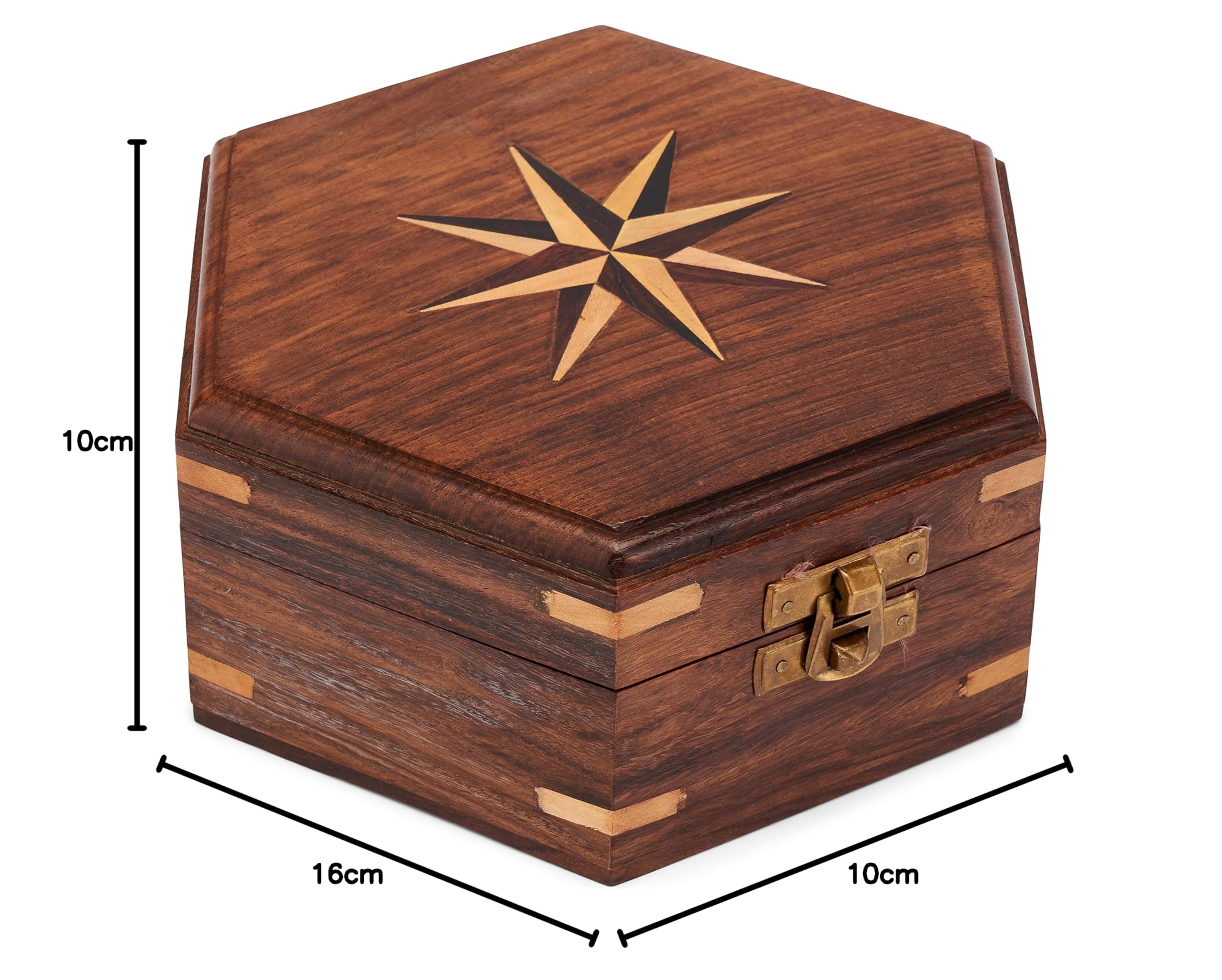 NKlaus Scatola Esagonale In Legno Marittima 18,5x16,5x8,5 Cm | Intarsio Rosa Dei Venti E Serratura In Ottone, Decorazione Nautica