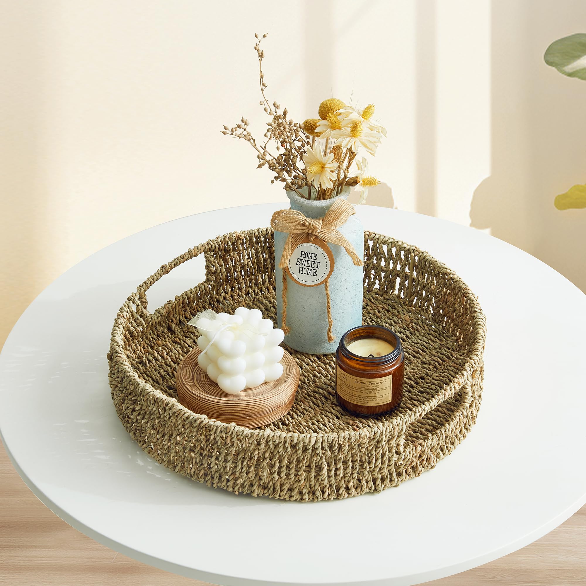 SUPTINWEAR Handwoven Seagrass Serving Tray, Round Decorative Tray with Handles for Coffee Table, Ottoman, Kitchen Counter, Dining Table Centerpiece & Farmhouse Decor