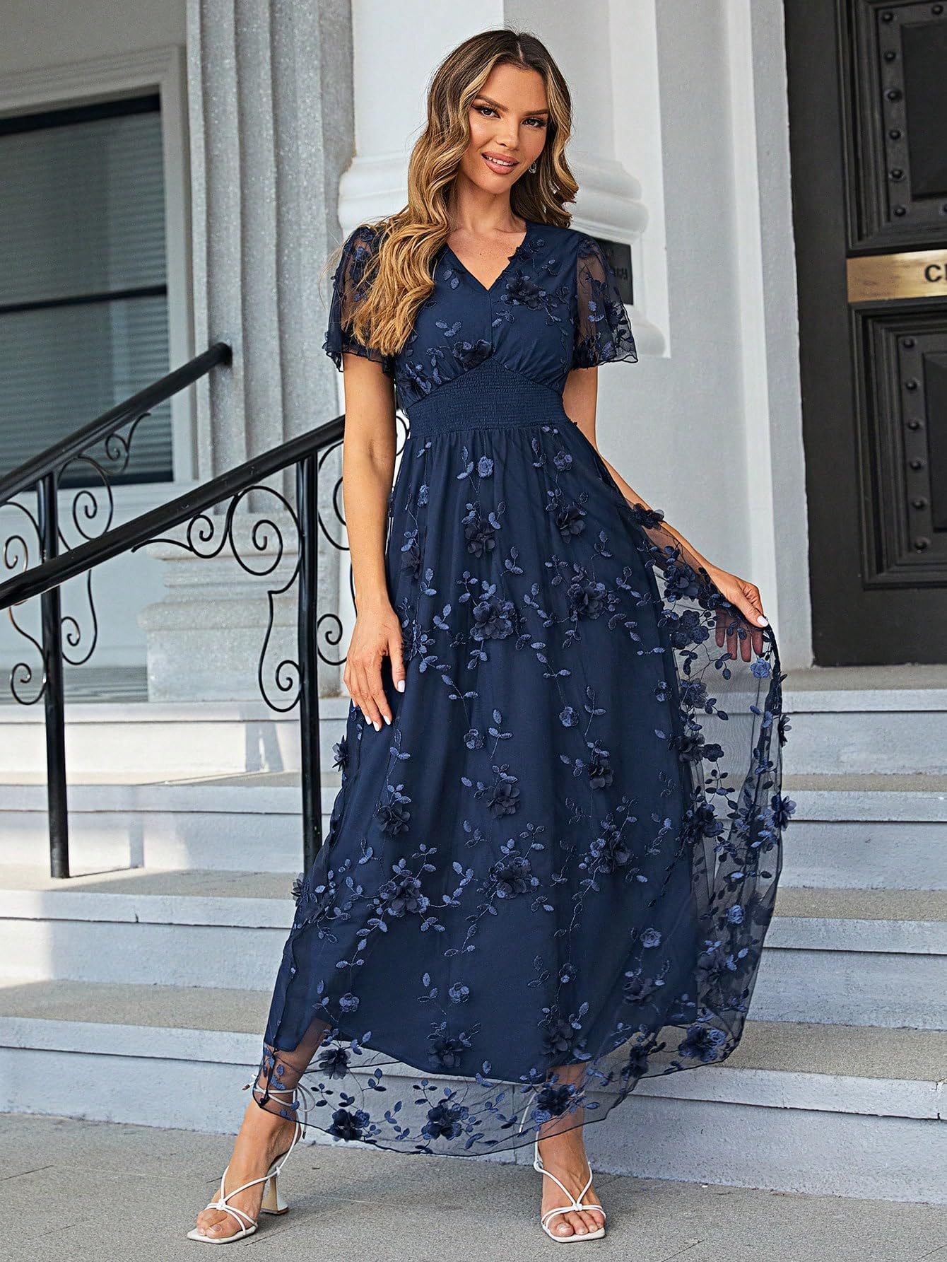 Women's Dresses Floral Embroidery Mesh Overlay Butterfly Sleeve