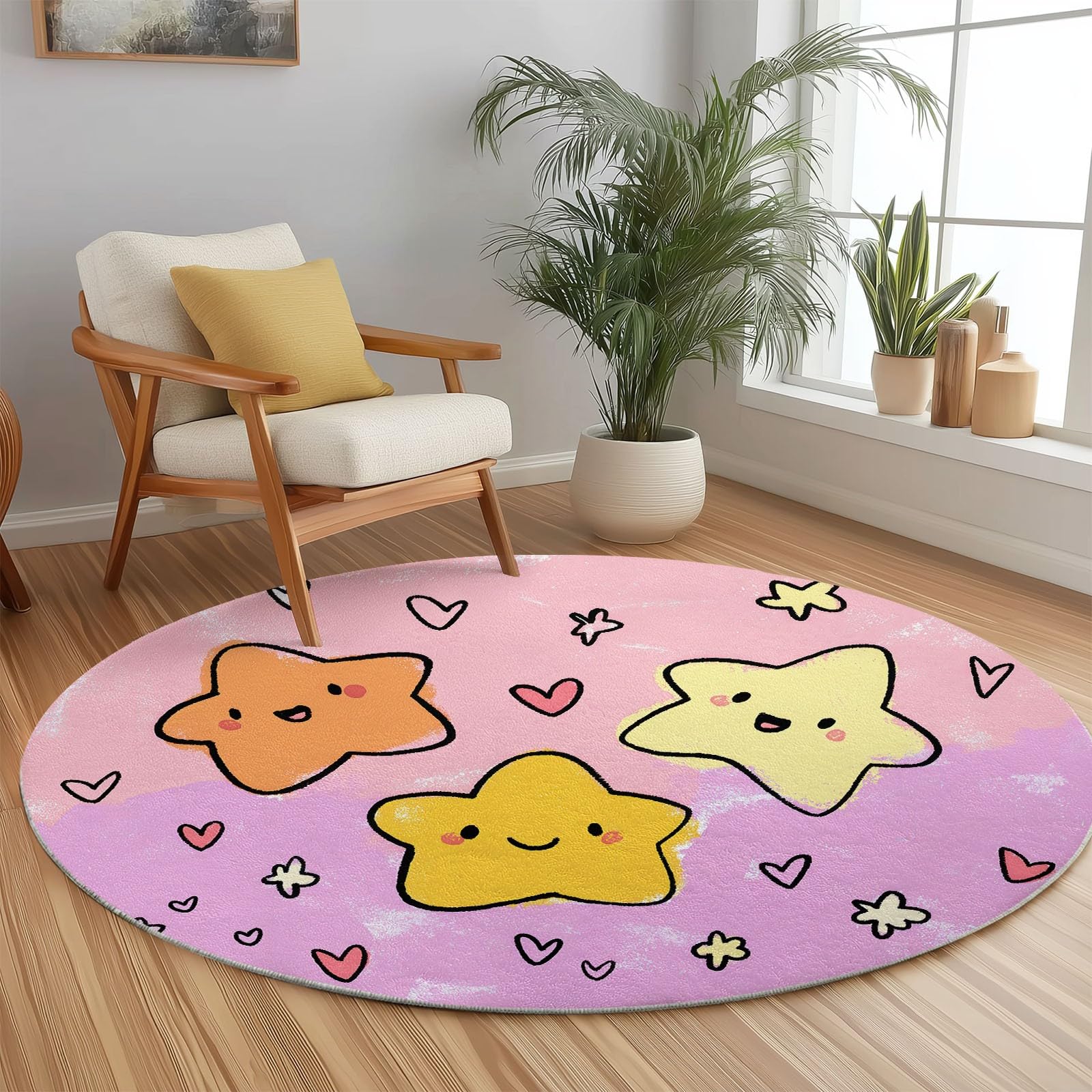 Generisch Cartoon Rund Teppich Handgezeichnete Smiley-Sterne Herzen 150 cm rutschfest Teppiche, Rosa Plüsch Flauschig Weich Runder Teppich Wohnzimmer Schlafzimmer Küche Fußmatte Haustierteppich