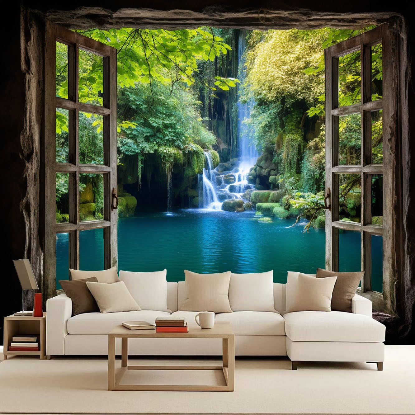 Forest Wallpaper Mural Window Scenery Photo Wallpaper Window Waterfall 3D Wall Mural 400x280cm Non-Woven Premium Art Print Decoration Poster Picture for Living Room Bedroom TV Backdrop