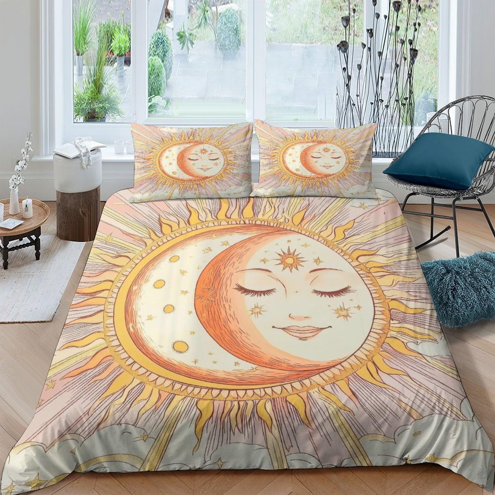 Ctjqhvkz Style-2 3D Printed Sun Moon Fitted Sheet Microfiber Soft Breathable Celestial Face Mattress Cover For Bedroom Dorm Decor Single（135X200cm）