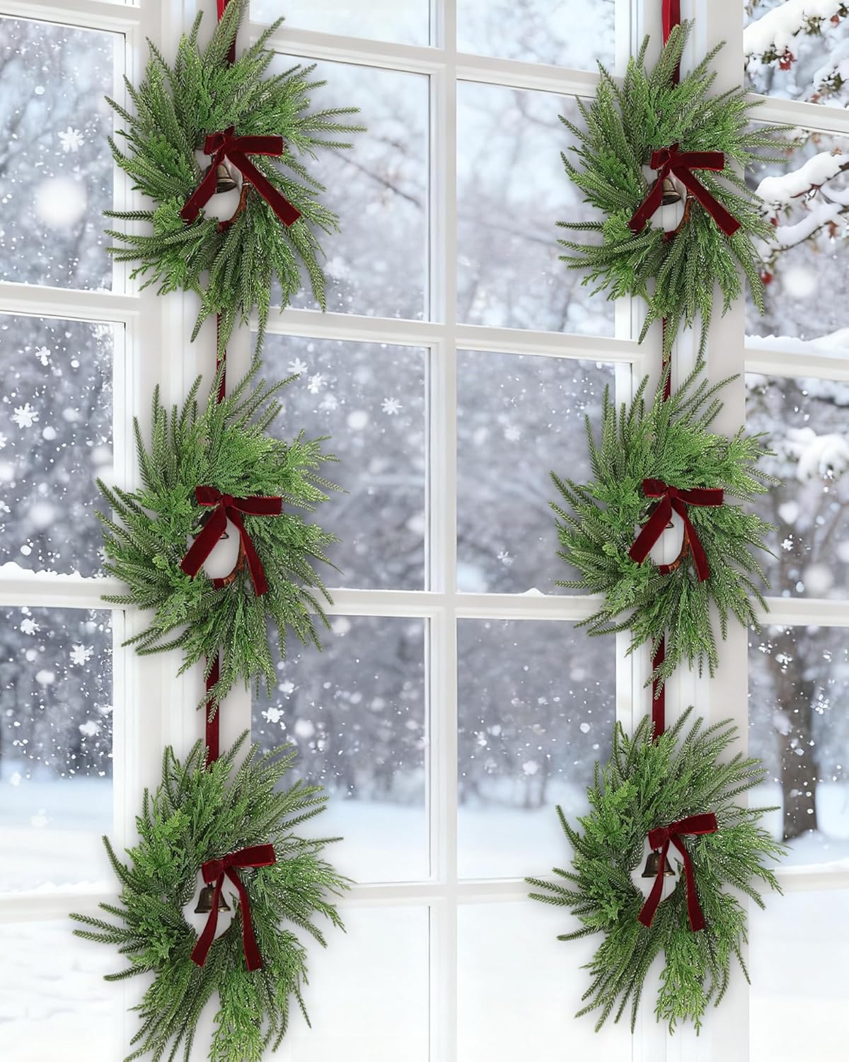 2 Pack Christmas Wreath String with 3 Pcs Norfolk Pine Wreath, 61" Front Door Hanging Artificial Cedar Pine Velvet Bow Bell for Xmas Cabinet Window Indoor Outdoor Holiday Porch Wall Decor