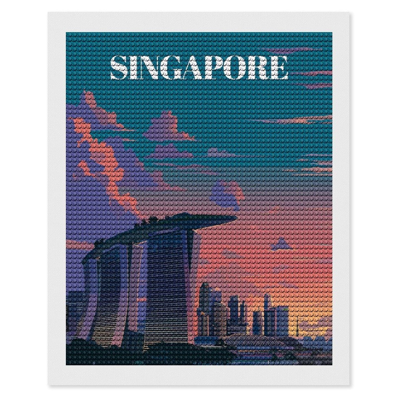 Junmoney Singapore Skyline at Sunset(3) Diamond Painting Canvas Set 16"x20", for Adults, Bedroom Decor, Good for Quiet Evenings, Festive Craft Gift