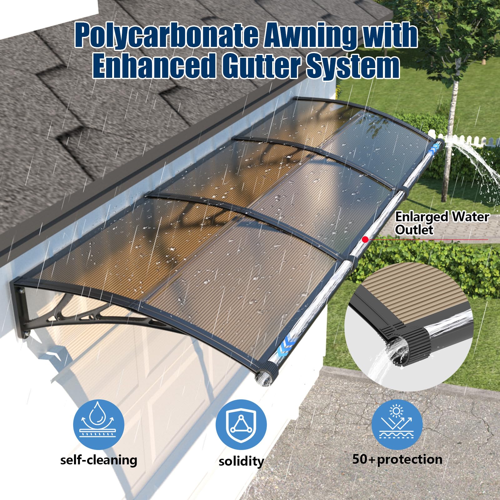GUANSU Vordach für Haustür 100x300 cm, Überdachung Haustür aus Polycarbonat, Transparentes Pultbogenvordach – Schützt vor Regen Schnee für Terrasse, Veranda Fenster