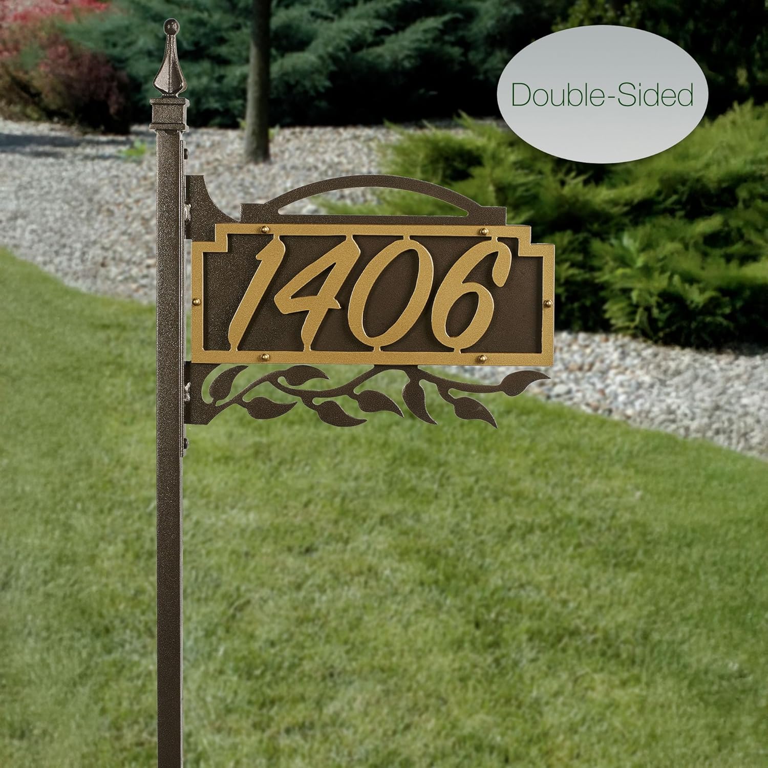 Shepherd Double Sided Address Yard Post | Traditional Ivy Vine | Custom Metal House Number Sign for Outdoor Use | Personalized with Your 1-5 Address Numbers | Gold and Bronze Durable Finish