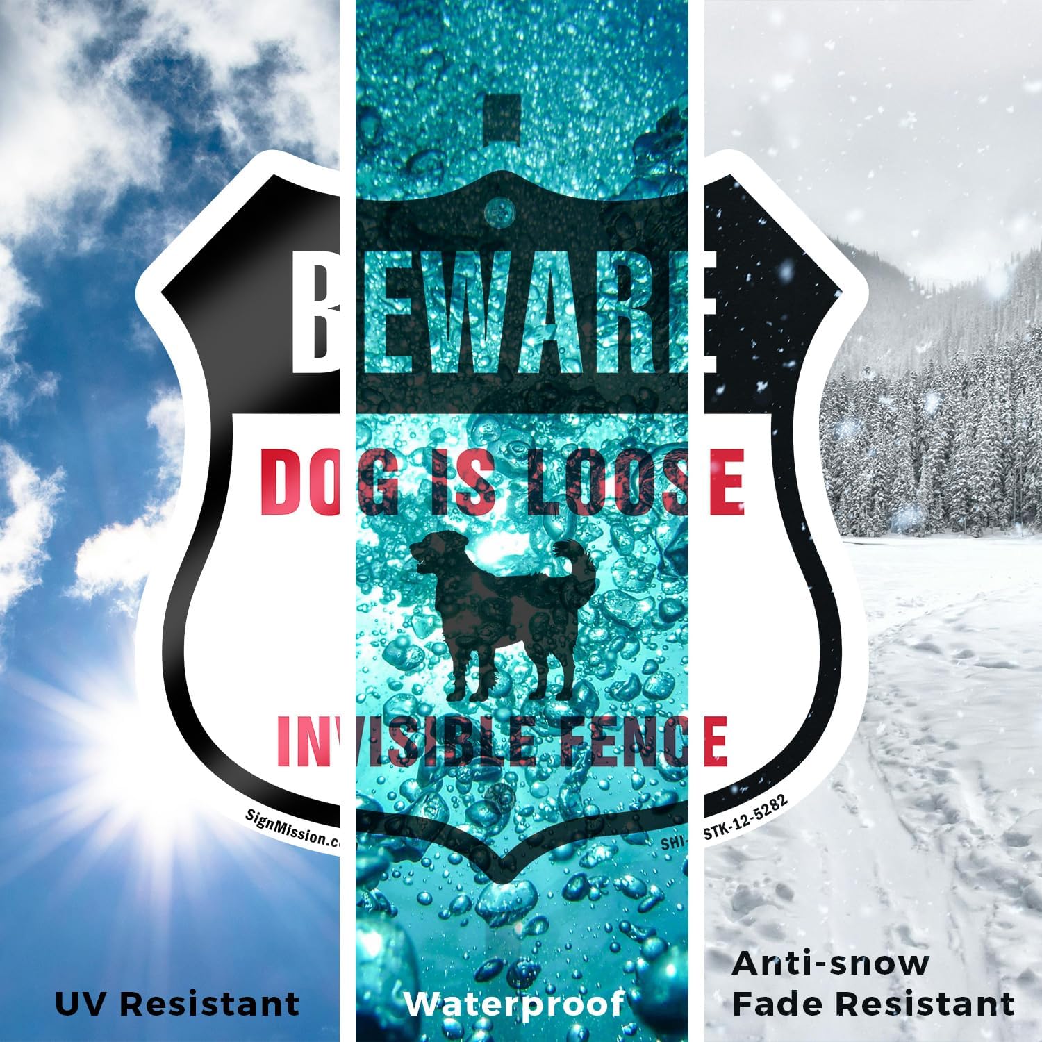 Beware Dog Is Loose Invisible Fence (2 Pack) 12 inch X 12 inch Shield Shaped Commercial Grade Plastic Signs with Aluminum Mounting Stakes Weather Resistant Made in the USA
