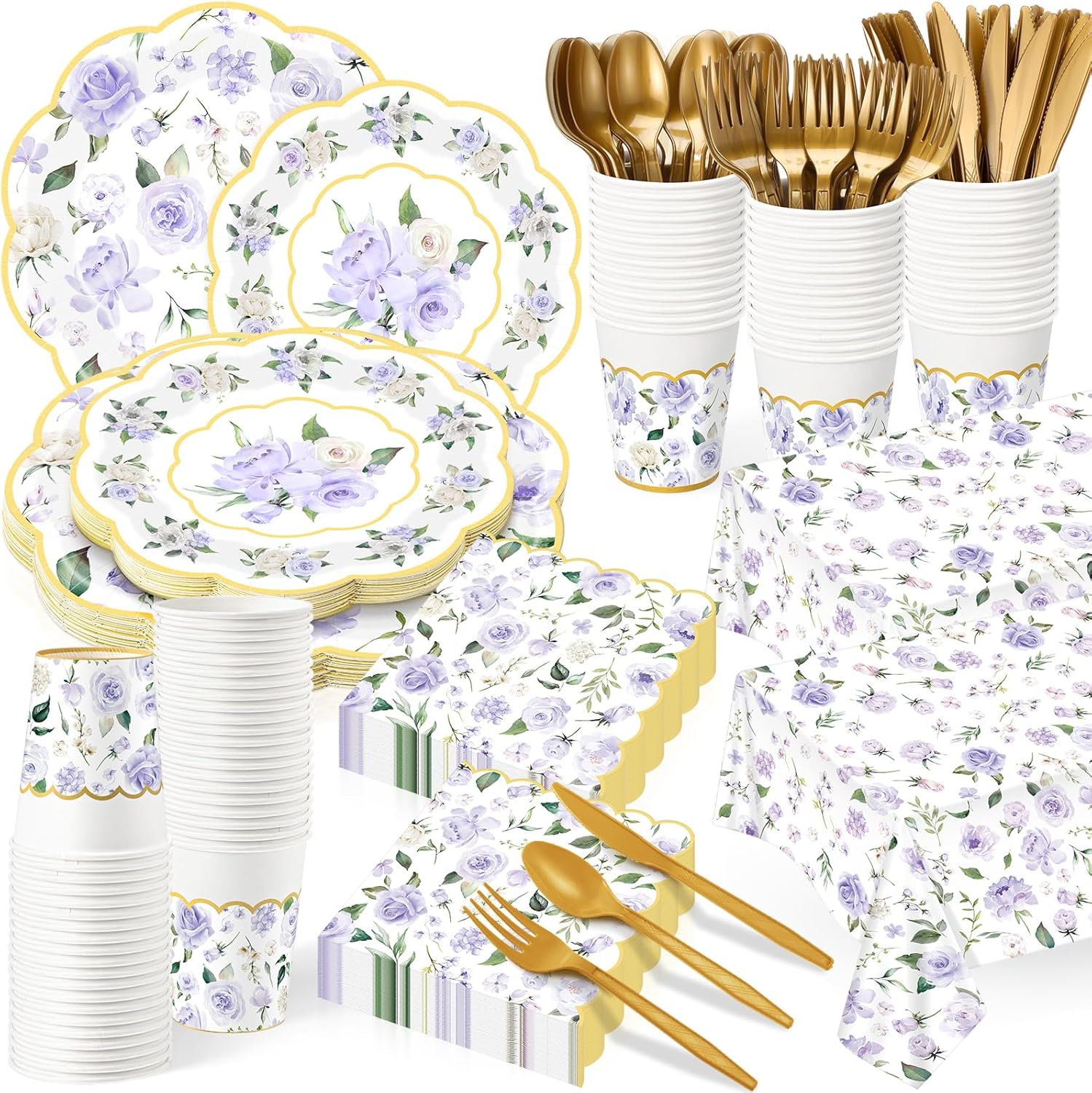 Pickmesh 194 Pcs Purple Floral Party Supplies for 24 Guests, Spring Floral Paper Plates and Napkins Cups Tablecloth Cutlery for Women Birthday Tea Bridal Shower Garden Party Supplies