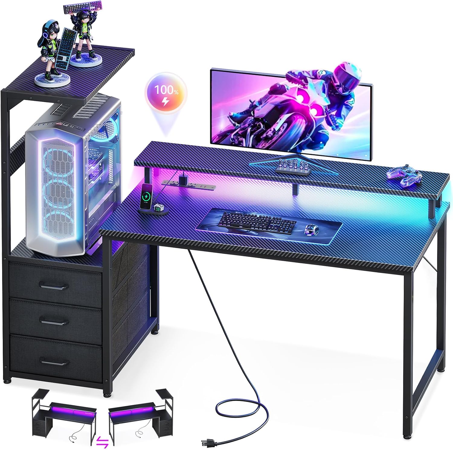 Casaottima - Escritorio de 52 pulgadas para juegos con puertos de carga USB y luz LED - Escritorio reversible para computadora con 3 cajones de tela, soporte para monitor, soporte para CPU y gancho