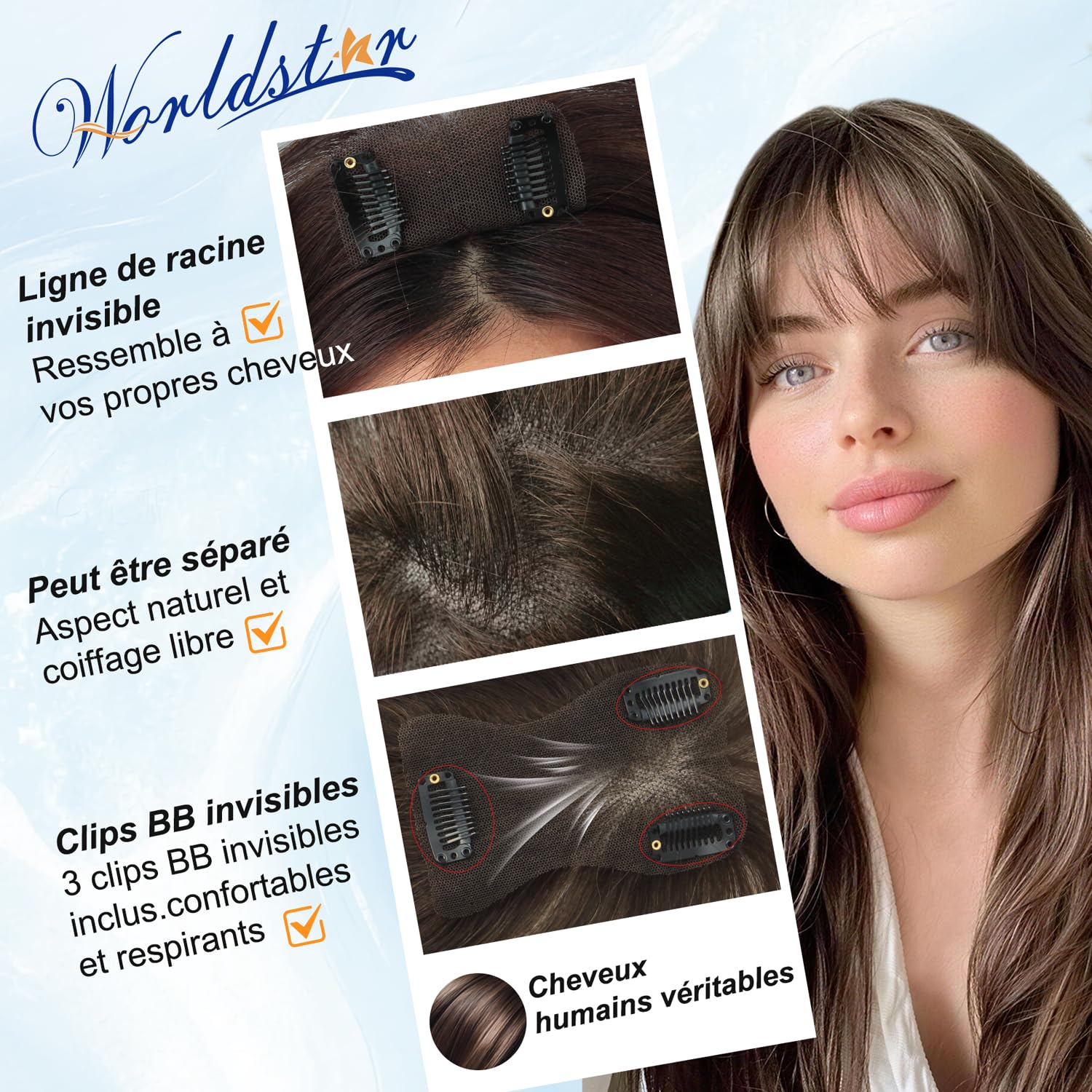 WORLDSTAR Postiche Cheveux Naturel,Frange Française à Clips,15g,10Pouces