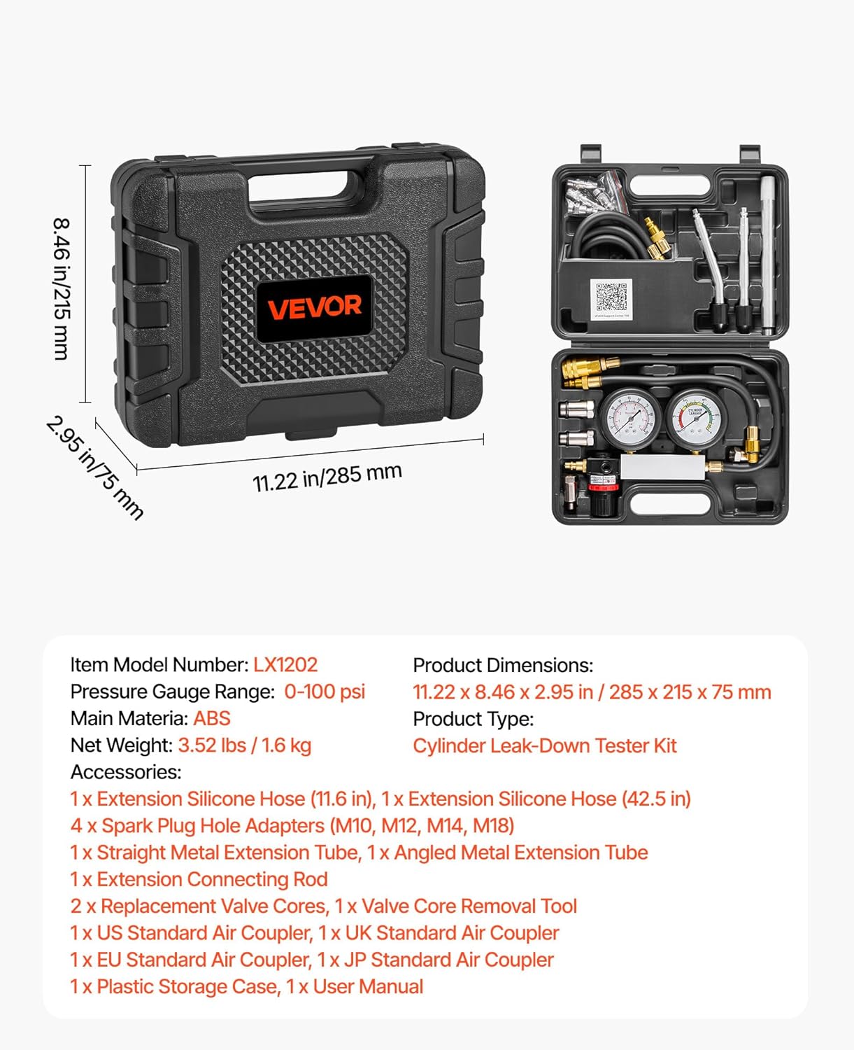 VEVOR Engine Cylinder Compression Tester Kit, Pressure Gauge Range of 0-100 PSI, Automotive Leak Down Tester Kit with 4 Adapters, 2 Metal Tubes, Pressure Check & Leakage Rate Test on Cars, Motorcycles