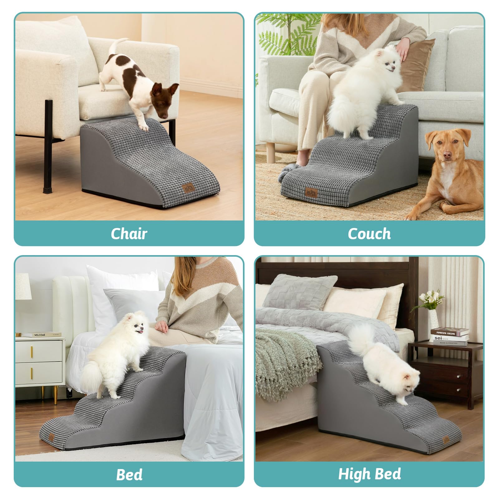 COZY KISS Escalera para Perros Pequeños, Escaleras para Mascotas de Espuma para Cama y sofá, Rampa para Gatos con Funda Lavable y Fondo Antideslizante, Ligera (Gris Claro, 40x84x57cm, 5)