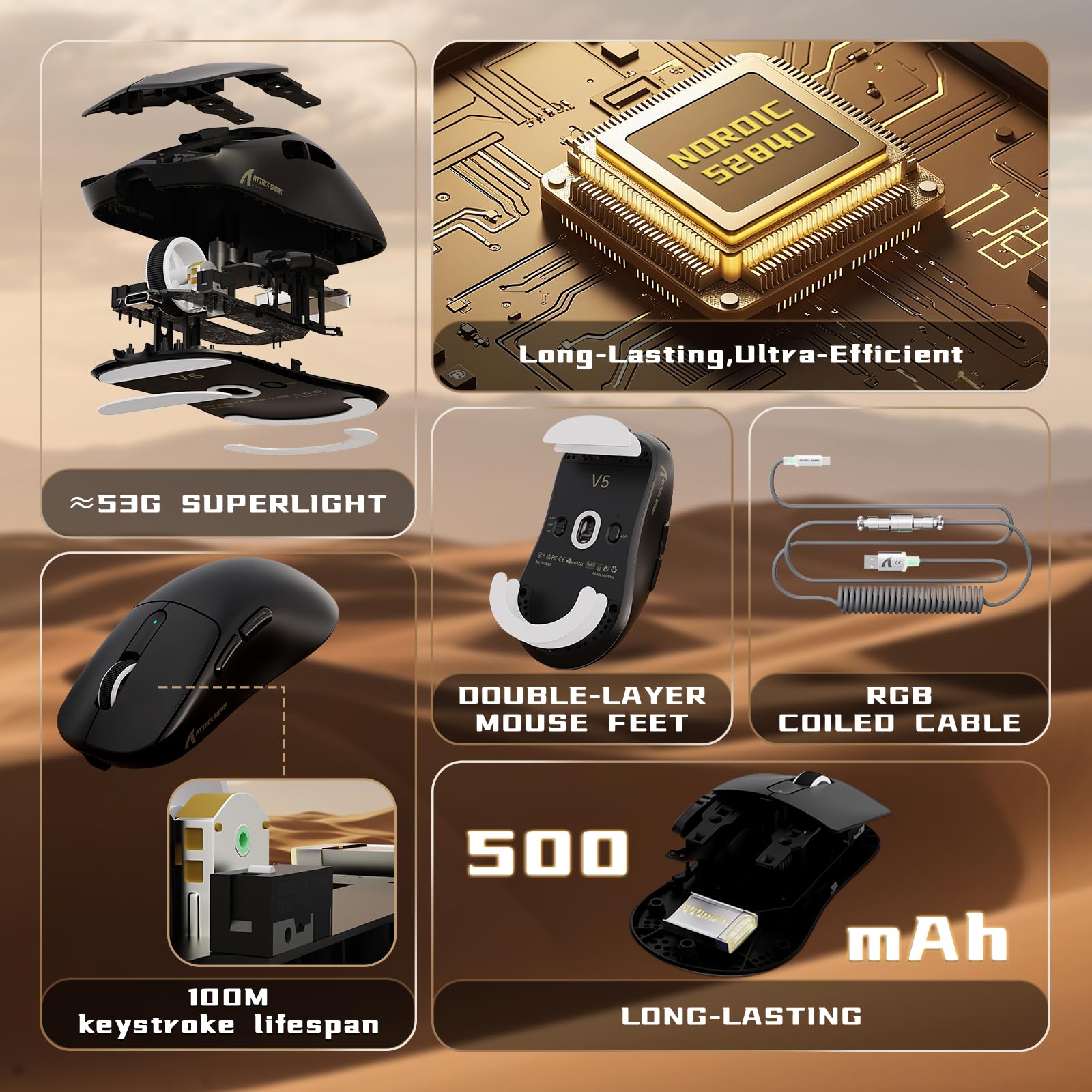 ATTACK SHARK V5 Bezprzewodowa Mysz Gamingowa 8000Hz,53G,PixArt PAW3950MAX,Mikrokontroler Nordic 52840, Bluetooth/2.4G/Myszy Przewodowe ze Spiralnym Kablem,42KDPI (Czarny)