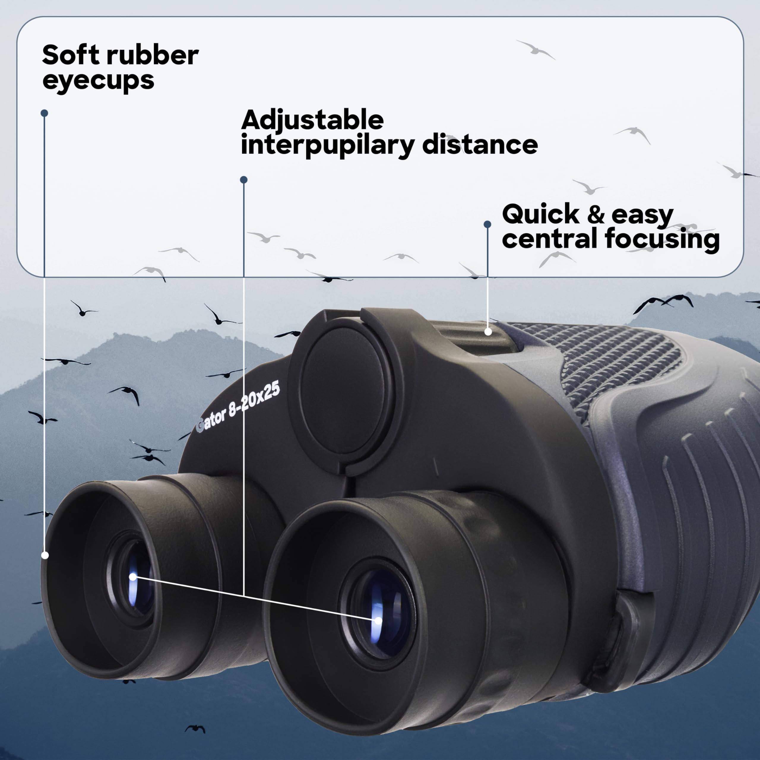 Discovery Gator 8—20x25 Binocolo Tascabile Da Viaggio Con Zoom, Perfetto Per Il Birdwatching e L’Osservazione Della Fauna, Il Turismo, L’Escursionismo, I Concerti e Gli Eventi Sportivi