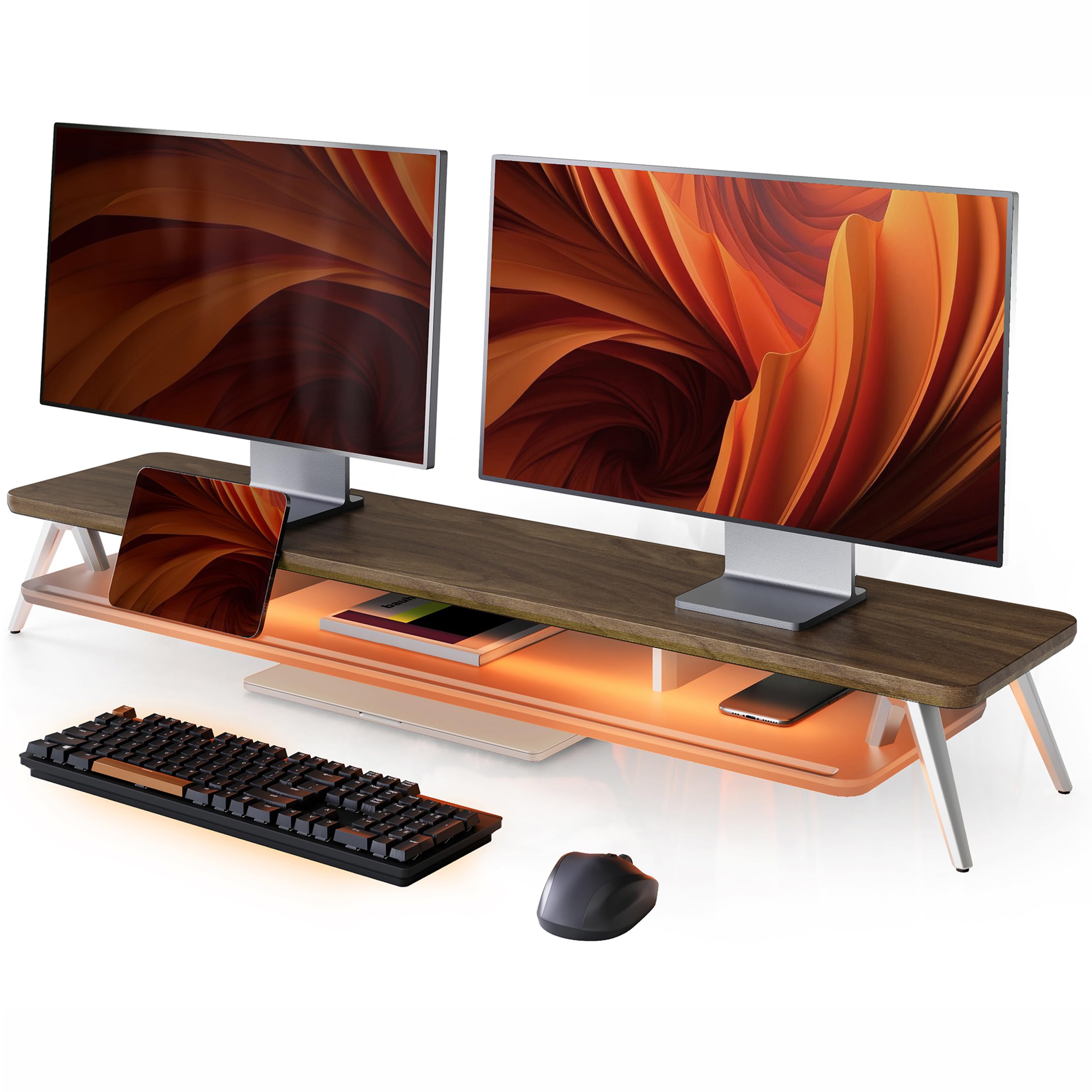 Fenge Monitorständer,108cm, LED-Beleuchtung für Laptop PC TV, Braun | Schaltbare Farben, 2 Geräte, Bis 45kg, Ablagefach für Telefon/Tablet/Stift, Acryl-Ablage, Bildschirm Schreibtisch Büro Home