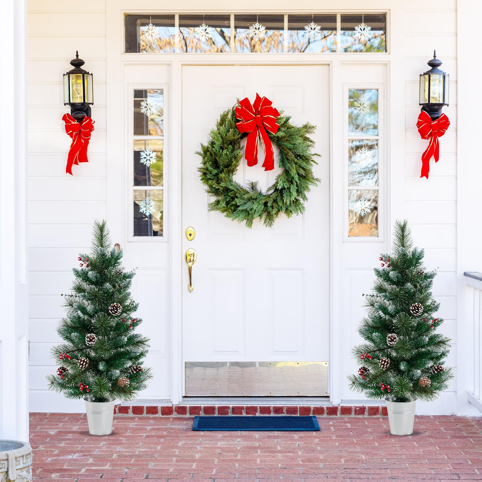 COSTWAY Mini Árbol de Navidad con Luces 90cm, 20 Luces Blancas Cálidas, 8 Modos, Temporizador, 81 Puntas de PVC y Pino, 5 Piñas y 8 Bayas Rojos, Árbol de Navidad Nevado Pequeño de Mesa/Escritorio