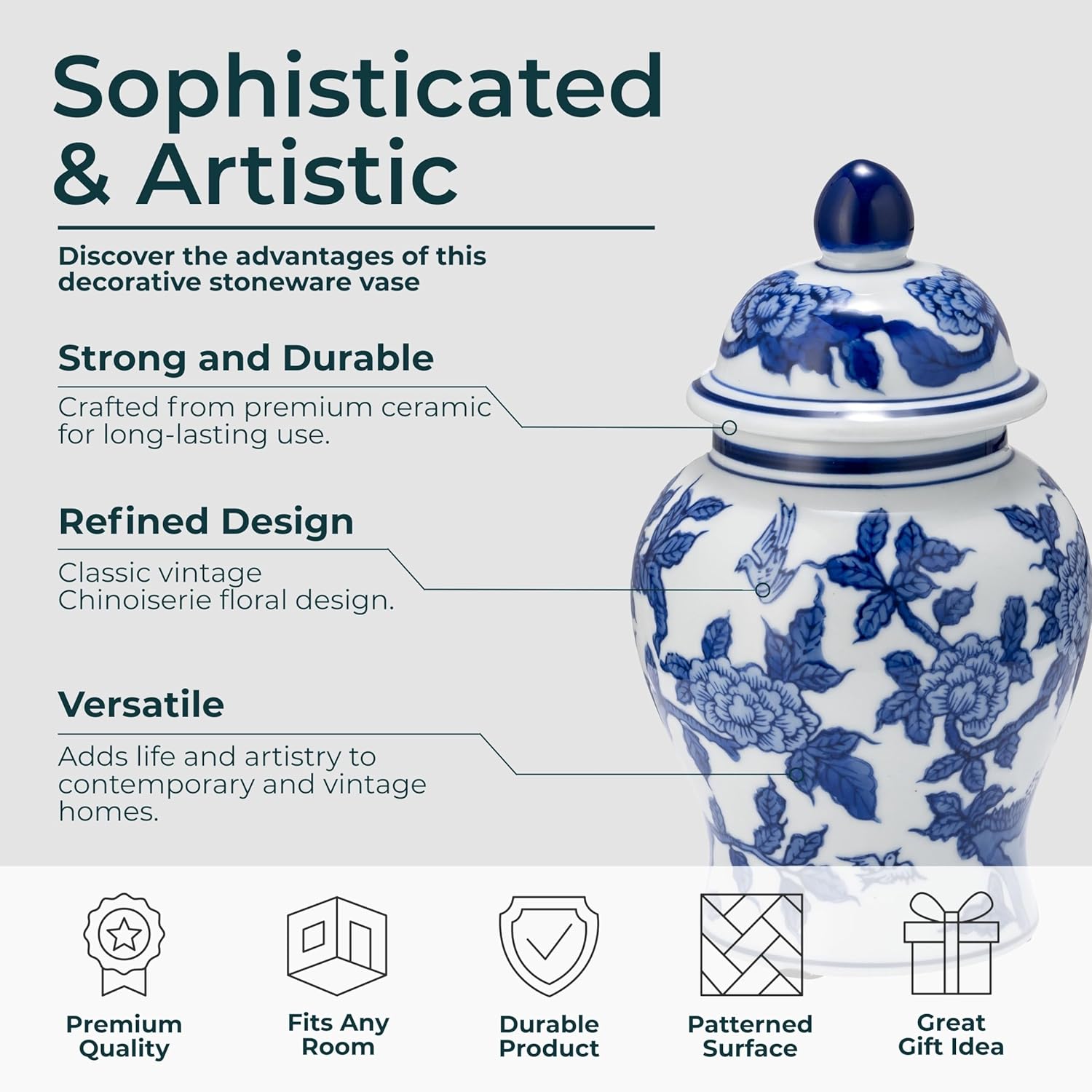 Classic Ceramic Temple Jar Vase with Lid for Living Room and Home Decor - Traditional Flower Vase Accent for Room, Bedroom or Office Display - Refined Table Decor for House Accent - 9", Blue & White