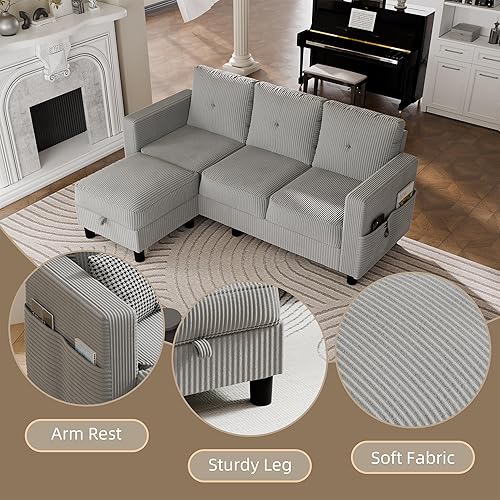 Miniatura 3 de JAMFLY Sofás seccionales convertibles para sala de estar, sofá en forma de L, juego de sofá modular de 3 asientos con tela de pana y sofá otomano