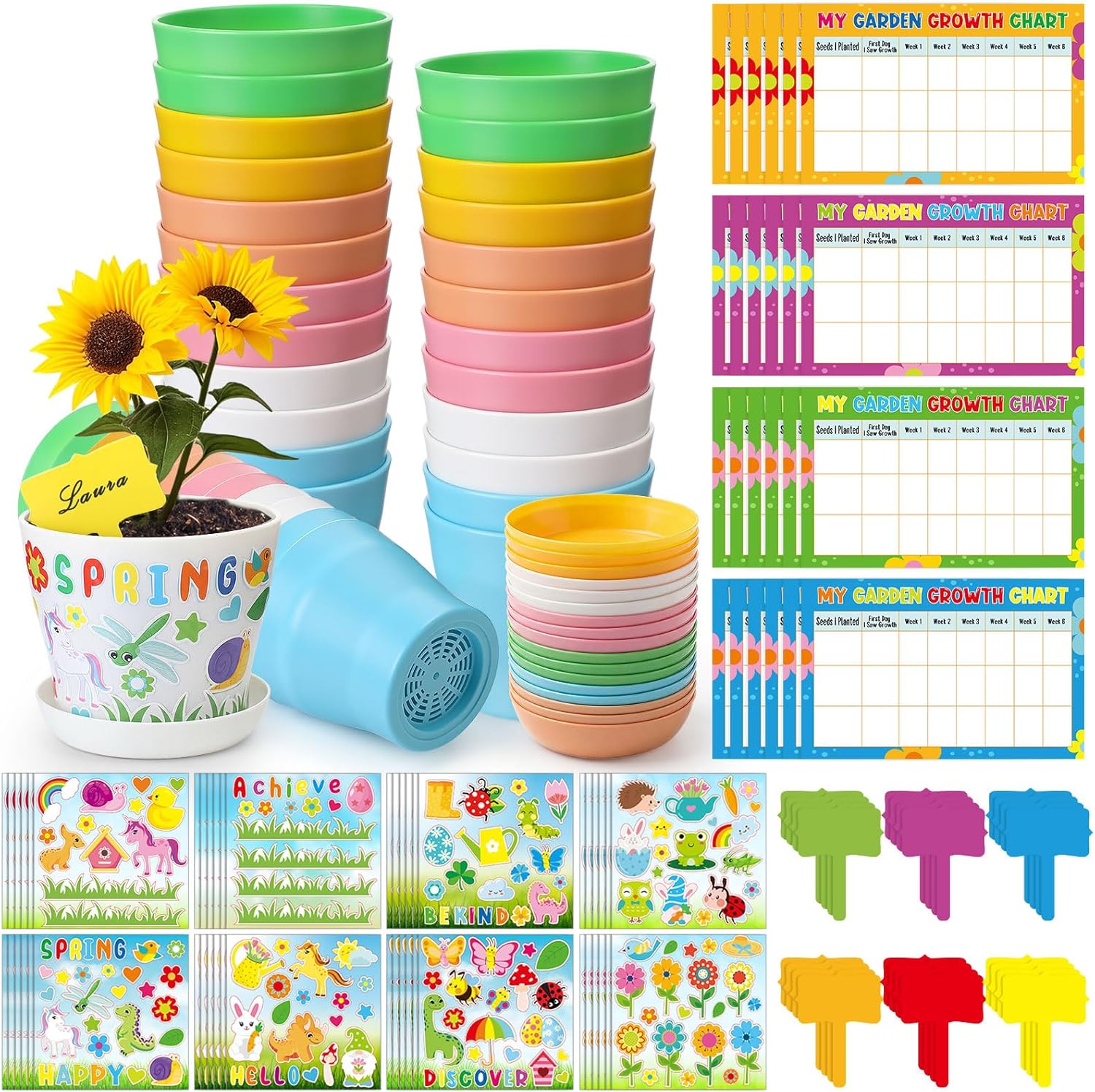 Capoda 48 Sets Garden Flower Pots Crafts Kit DIY Spring Plastic Seedling Nursery Pots with Stickers Plant Labels Growth Charts Planting Growing Tools Classroom Activities Project Gifts (Colorful)