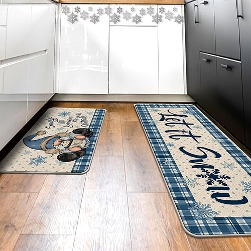 Miniatura 6 de Winter Gnome Let It Snow Kitchen Rugs Set of 2, Blue Plaid Polka Dot Snowflake Farmhouse Kitchen Mats Decor, Christmas Holiday Seasonal Floor Door