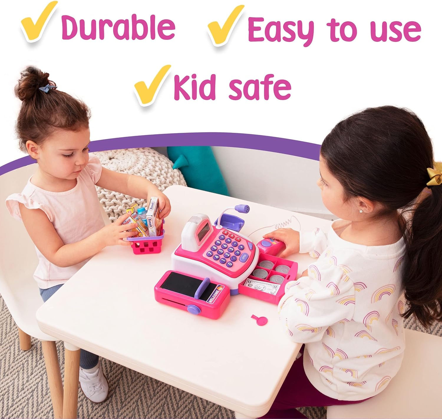 Prextex Grocery Store Pretend Play Electronic Toy Cash Register Set - STEM Cash Register for Kids with Microphone, Play Money, and Food Basket - Kids Checkout Toys with Scanner- Pink