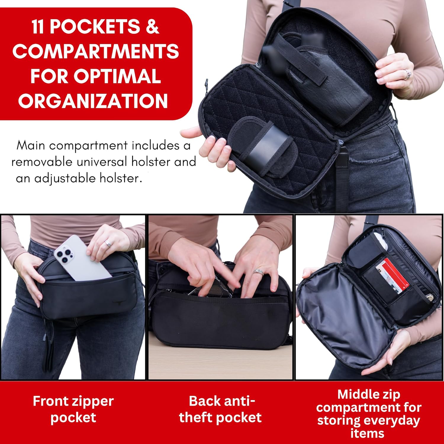 Concealed Carry Fanny Pack & Sling Bag for Men & Women – Tactical Crossbody EDC Waist Bag with Two Removable Holsters, CCW Fast-Access Interior & Multiple Organizer Pockets for Travel & Outdoor Use - Image 2