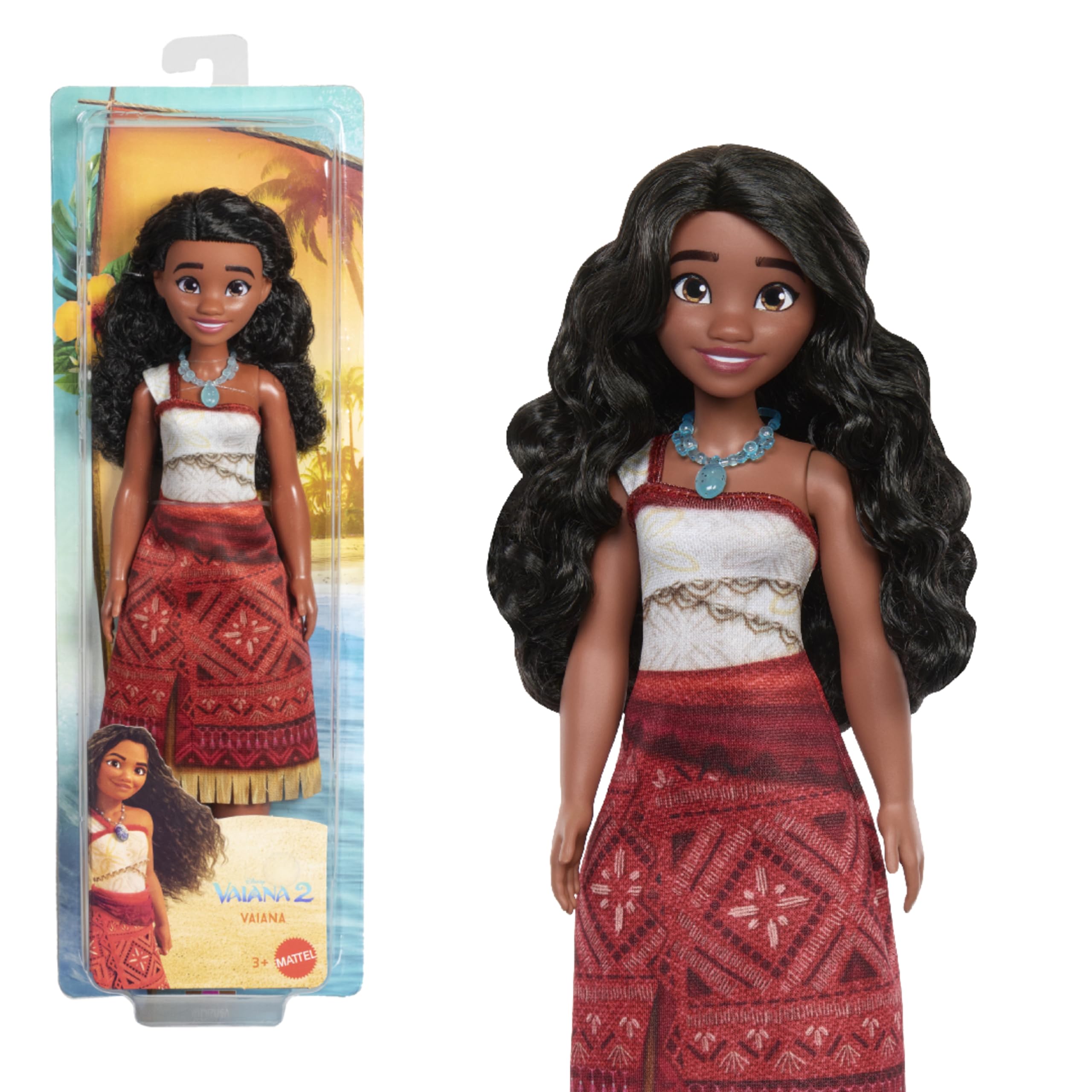 Mattel Vaiana-Modepuppe aus Disney Vaiana 2 mit 2 Zubehörteilen, abnehmbares Outfit mit Halskette und Fußkettchen, vom Film inspiriert, JBT56