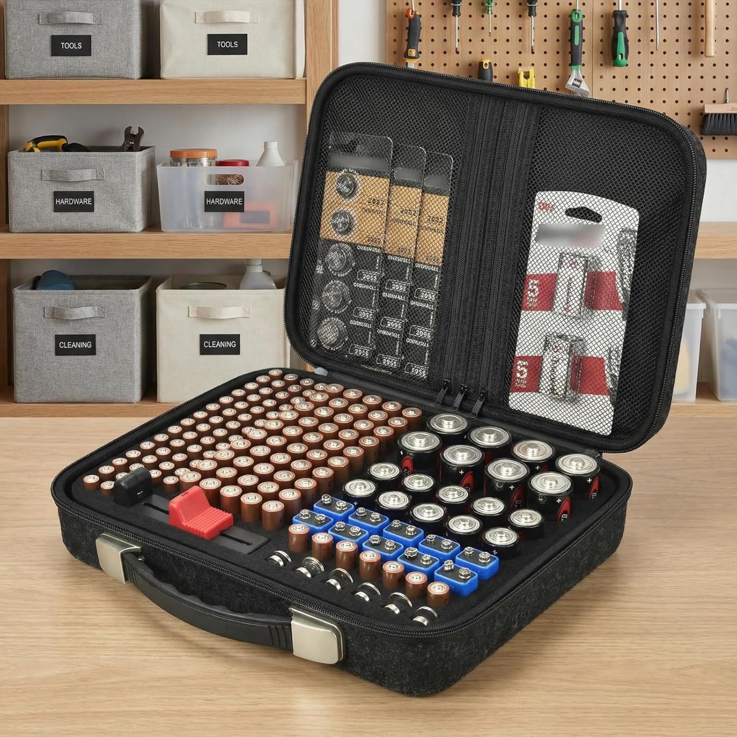 Battery Organizer Storage Case Compatible with 200+ Batteries (AA AAA C D 9V Button), Portable Felt Battery Organizer with Tester & 3 Mesh Pockets, Water-Resistant Box for Drawer & Garage, Case Only