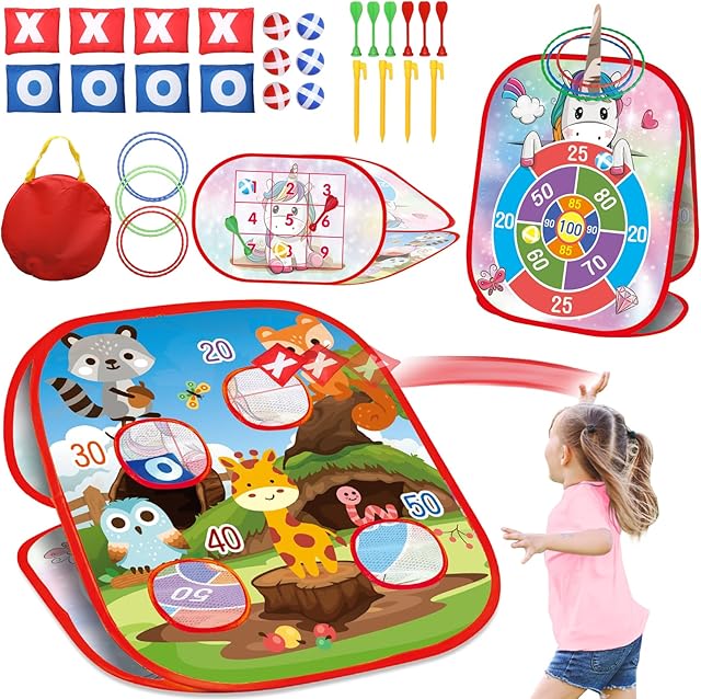 VATOS Animal 5-in-1 Bean Bag Toss Game Toy Outdoor Games for Kids,Family Party Supplies Gift Double-Sided Foldable Cornhole Board Beach Yard Birthday Christmas for Boys Girls Ages 3 4 5 6 Year Old