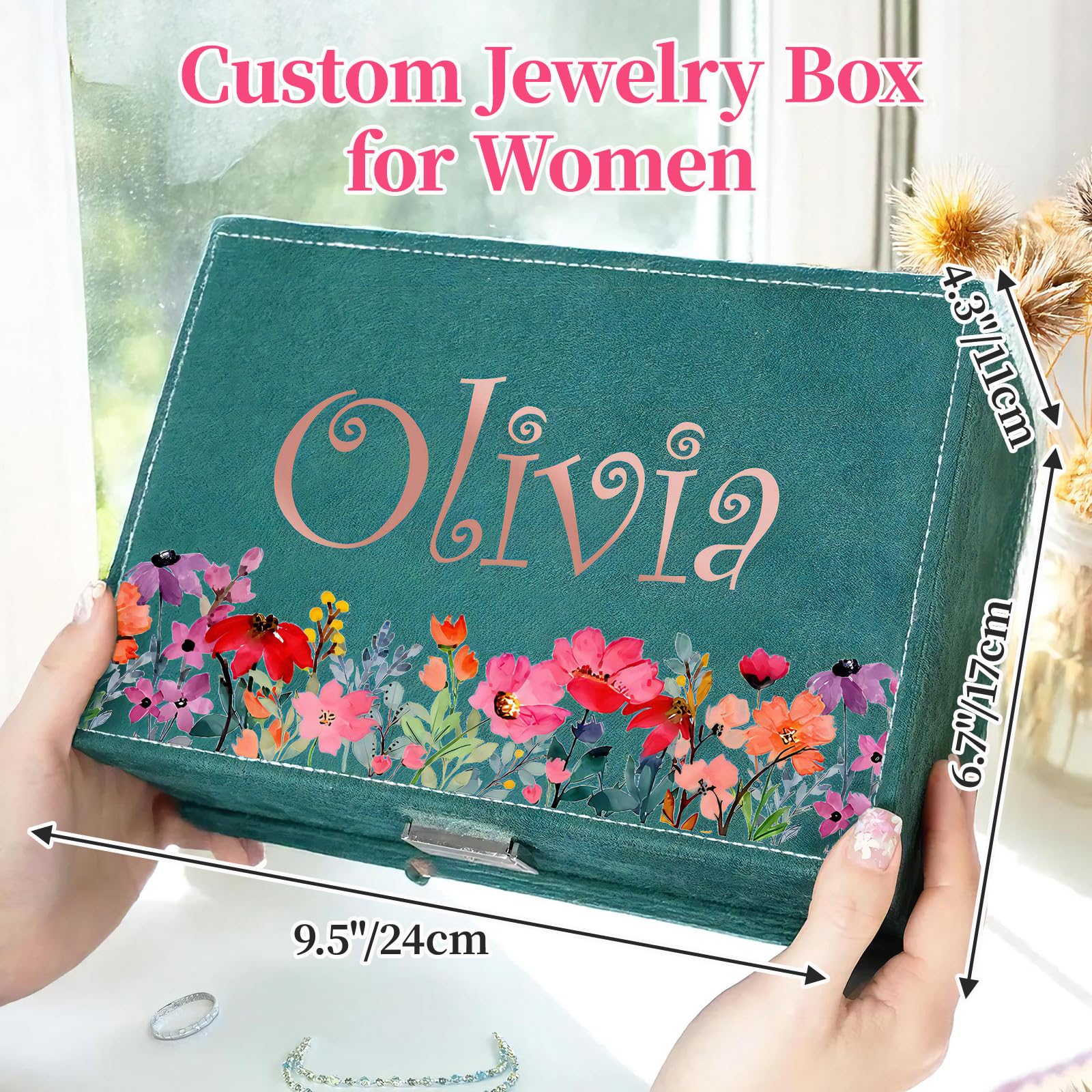 Grande boîte à bijoux personnalisée pour femme et fille, fleurs et nom personnalisés, boîte à bijoux en velours avec tiroir, cadeaux de demoiselle d'honneur, organisateur de voyage