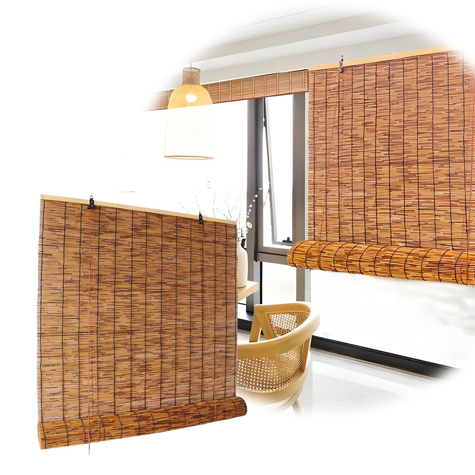 CMJYMX Handwoven Roller Shades, Natural Bamboo Roll Up Blinds With Lifter For Porch Patio Privacy Screen, UV Protection, Light Filtering Roll-up Bamboo Shades(110x180CM/43x71IN(WxH))