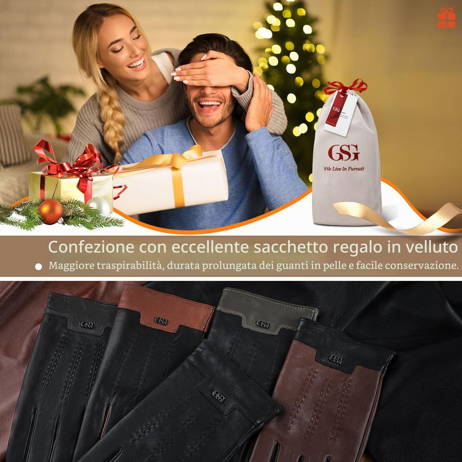 GSG SINCE 1998 Guanti Vera Pelle Senza Cromo Uomo, Invernali, Foderati in Cashmere, Touchscreen, Guanti Termici Moto, Abbronzatura L
