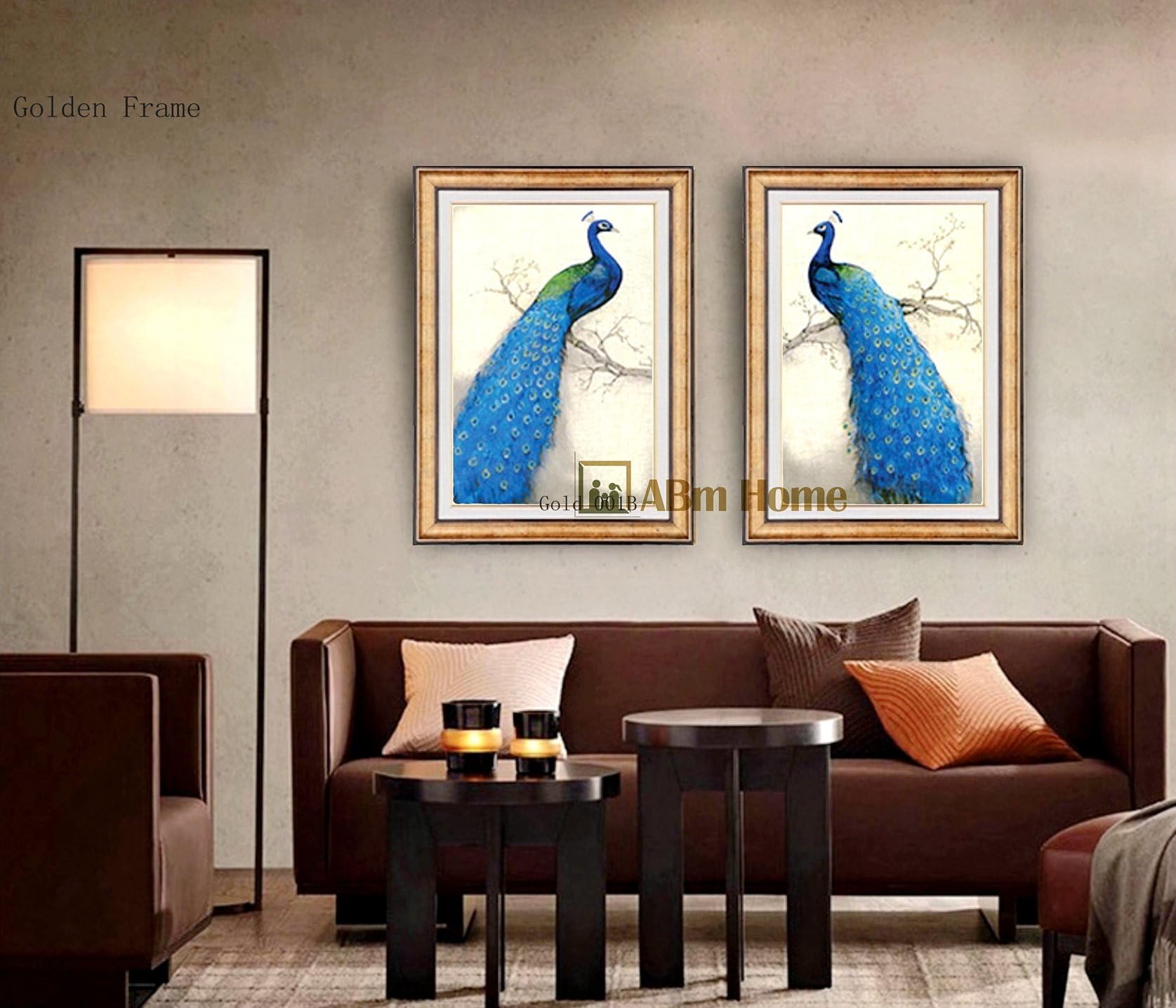 ABM Home -Elegent Peacock（51cm x 64cm/each/2pcs set Wall Art, Large Wall Picture Frame, Vintage Style,Framed Canvas, Large Poster Frame (Gold)