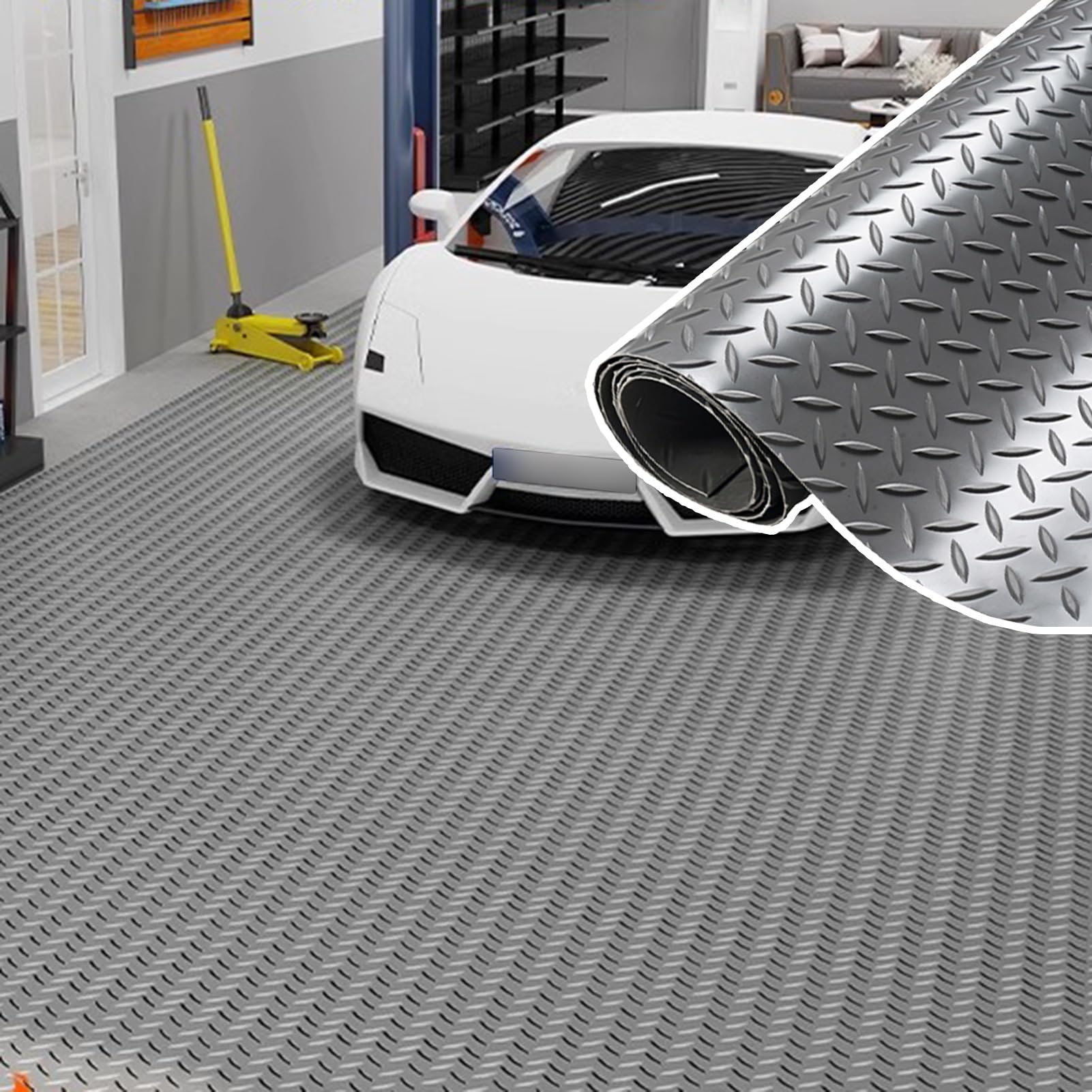 Tapis De Sol De Garage Antidérapant PVC - Dimensions 7,5 X 17 Pieds, Couleur Gris, Motif Diamant