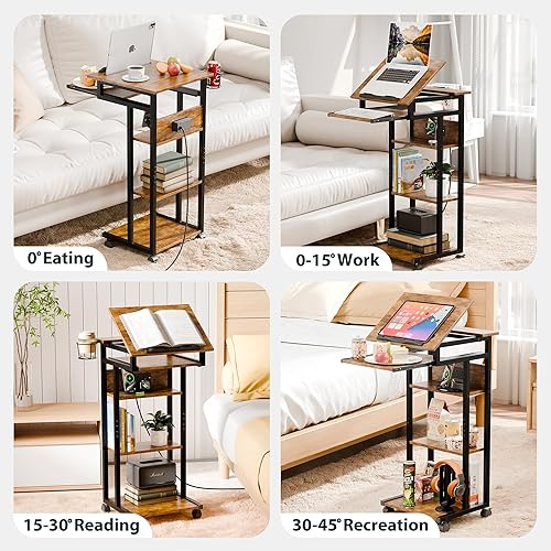 Miniatura 4 de ZIFTY Mesa de sofá con estación de carga y estantes de almacenamiento, mesa auxiliar giratoria de 360 con estantes y ruedas, mesa auxiliar en forma