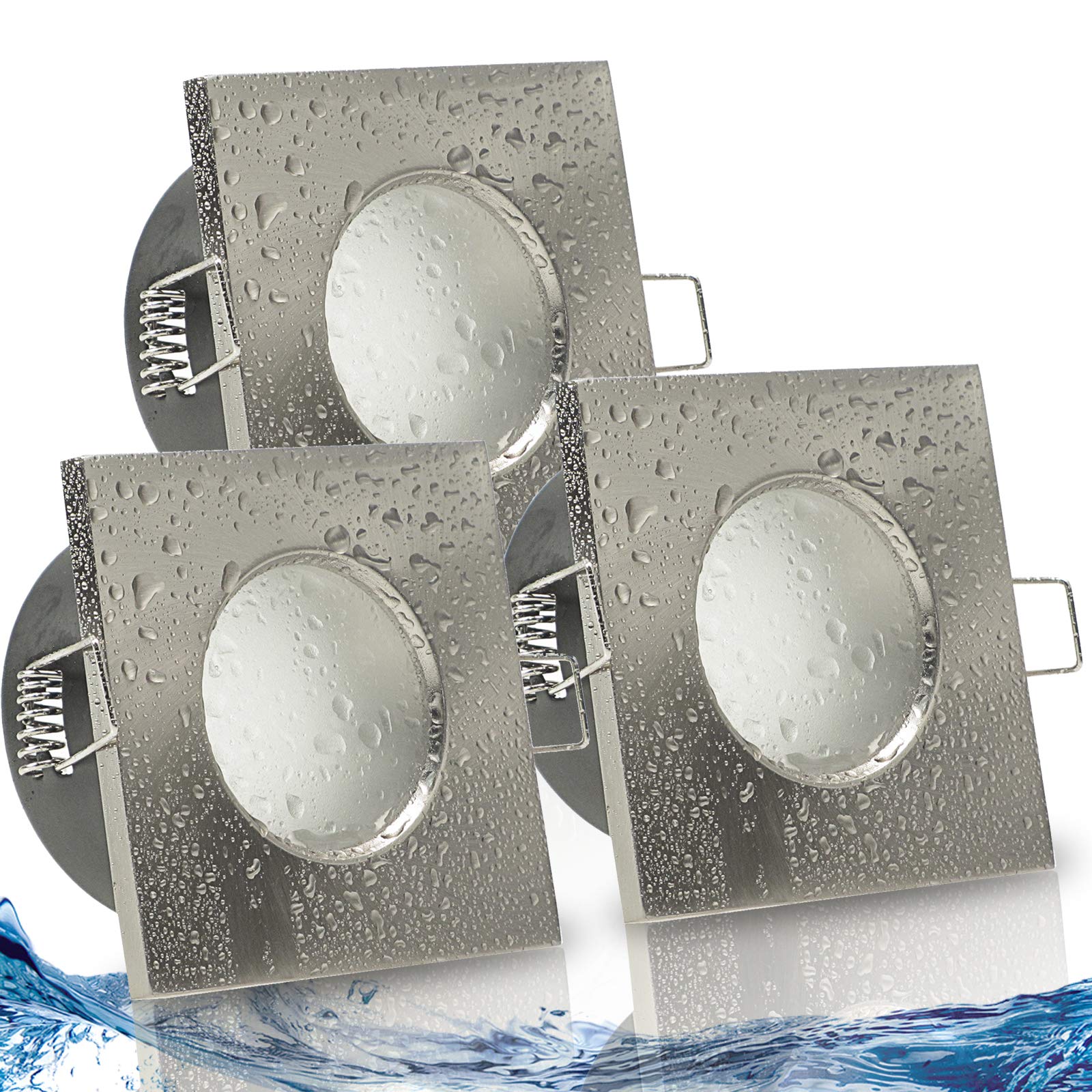 trendlights24 AQB IP65 LED Bad Einbaustrahler flach 5W dimmbar 230V 3er Set | Edelstahl Optik, eckig, Einbautiefe 50 mm, Warmweiß, 3000k, 110°, Decken Einbauspots, Feuchtraum, außen, LED austauschbar