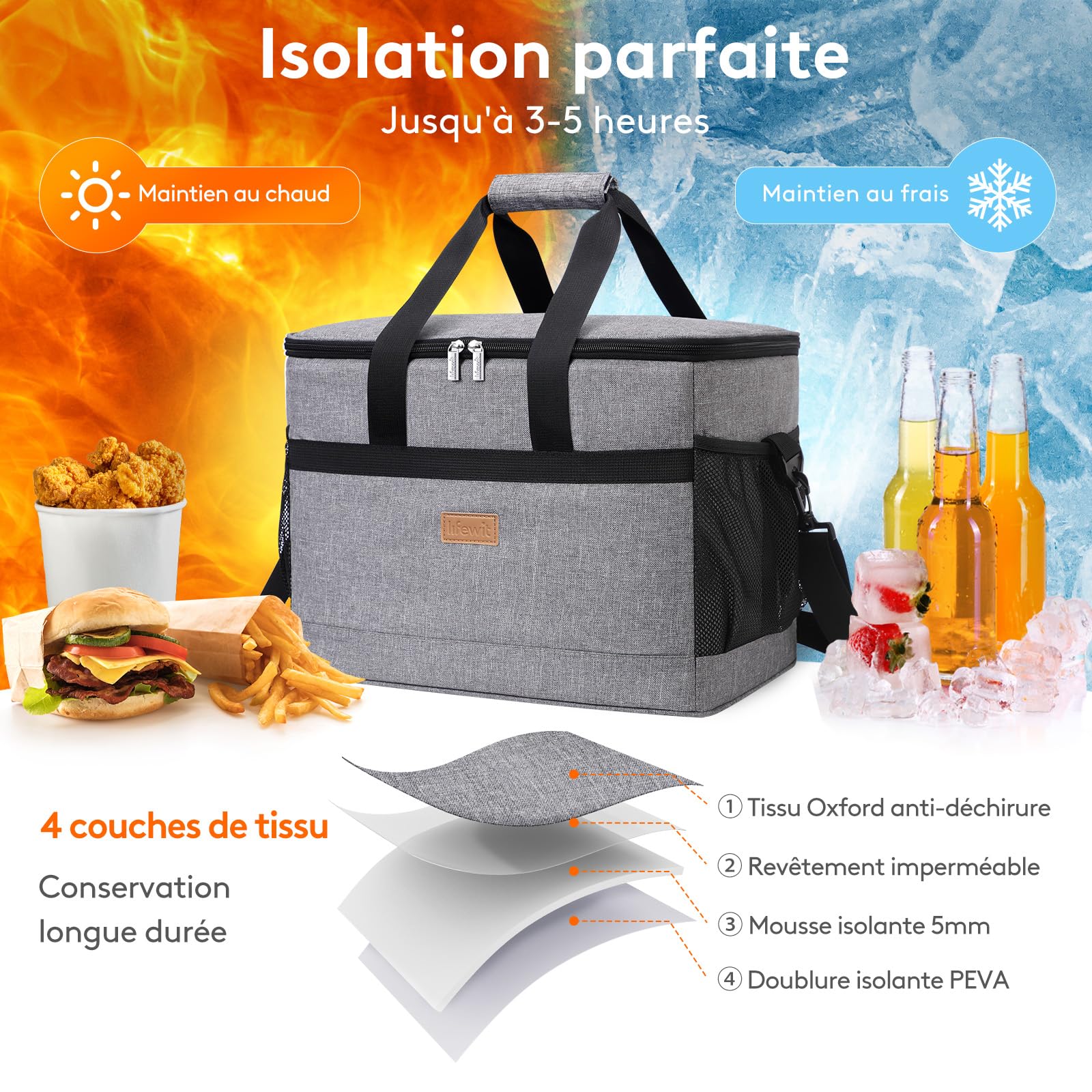 Lifewit Sac Isotherme 30L, Grand Format Glaciere Souple Isothermes, Portable Sacs Isotherm Courses Surgelés pour Voyage, Pique Nique, Camping, Plage, Gris