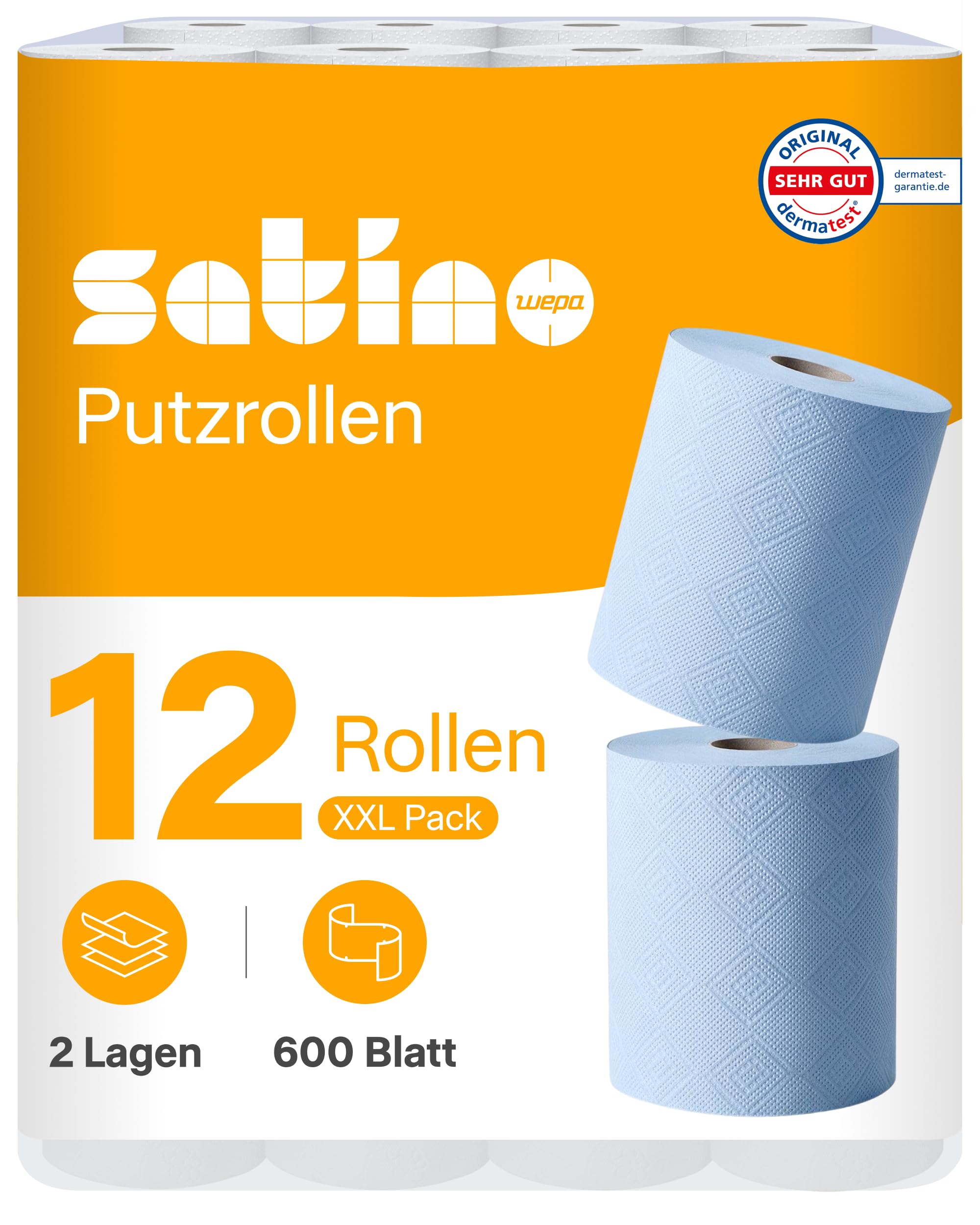 Putztuchrolle blau - 2-lagig – 12 x 600 Blatt - Made in Germany – Innenabwicklung - reißfeste & saugstarke Reinigungstücher – Satino Putzrolle