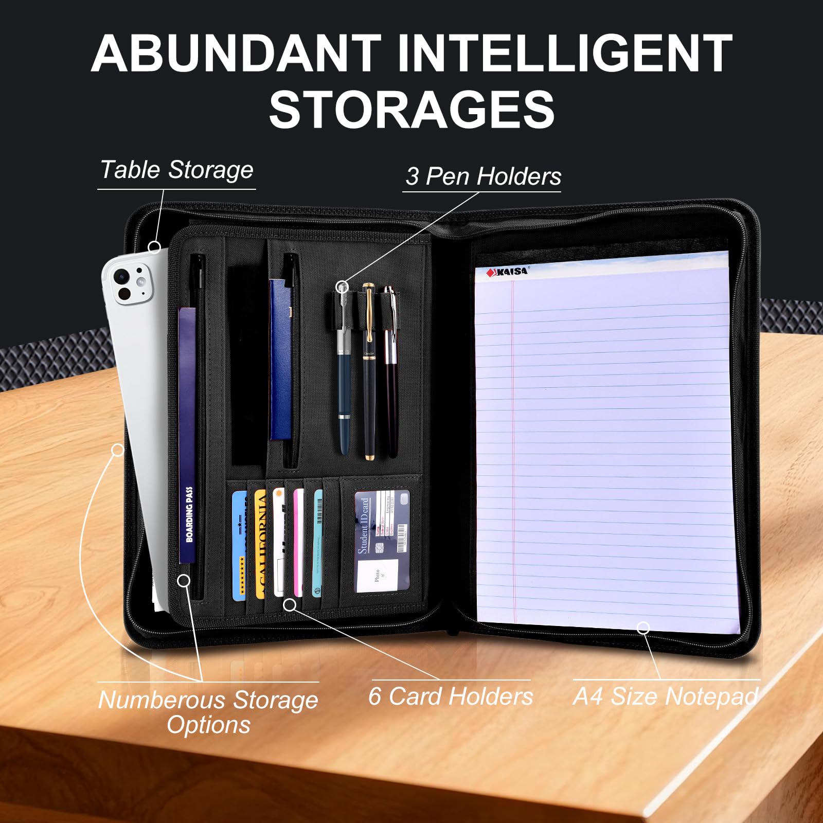 Porte-documents en cuir pour homme et femme | Porte-documents professionnel avec fermeture éclair | Porte-documents, planificateur, classeur de travail | Étui d'accessoires de travail de bureau (noir)