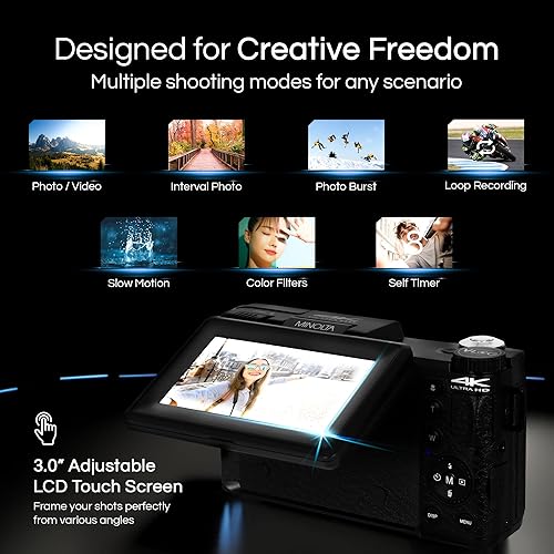 Miniatura 4 de Minolta Kit de cámara VLOG de 64MP 4K60FPS - Videocámara digital de enfoque automático con trípode, control remoto, micrófono, luz LED, pantalla LCD