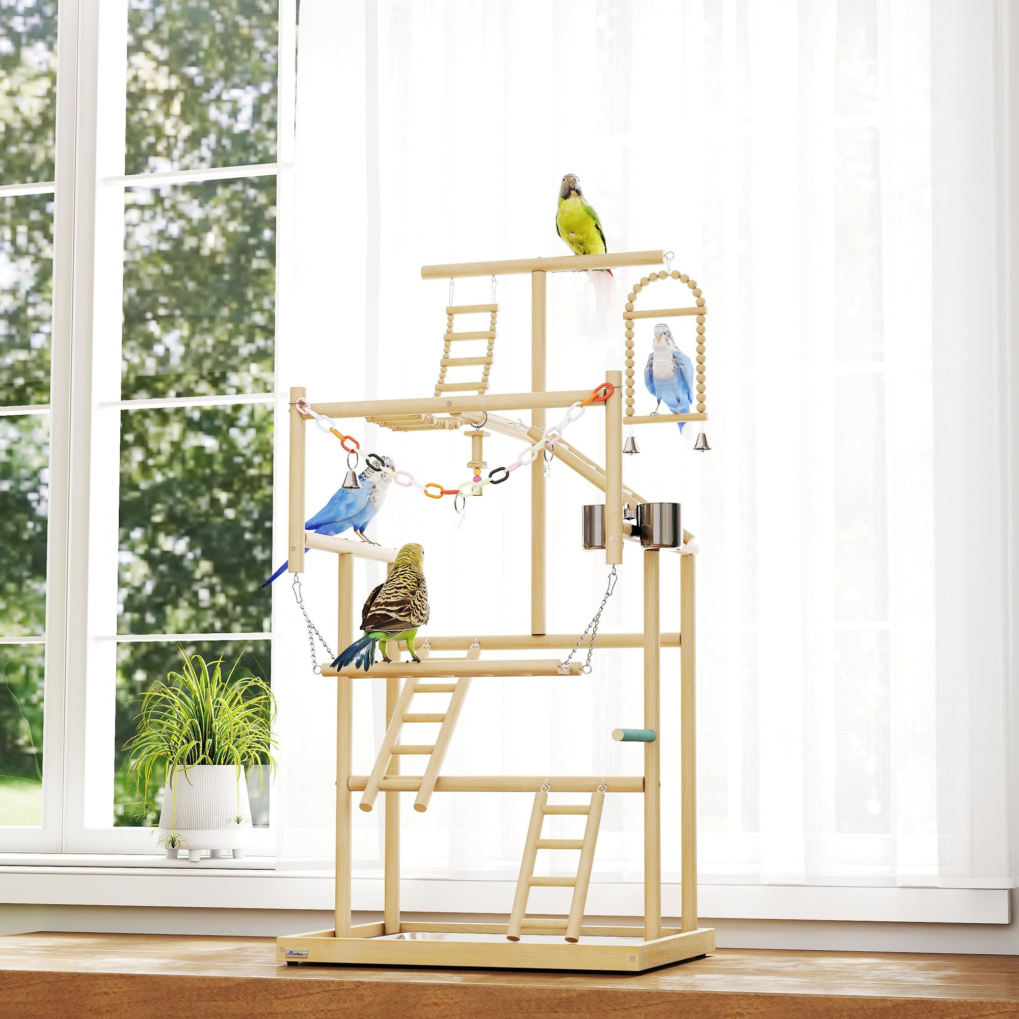PawHut Bird Playground, 4 Layer Wooden Parrot Play Stand with Ladders, Chain Toy, Stainless Steel Cups and Tray, Bird Cage Accessories for Parakeets, Cockatiels, Finches, Lovebirds, Budgie - image 8