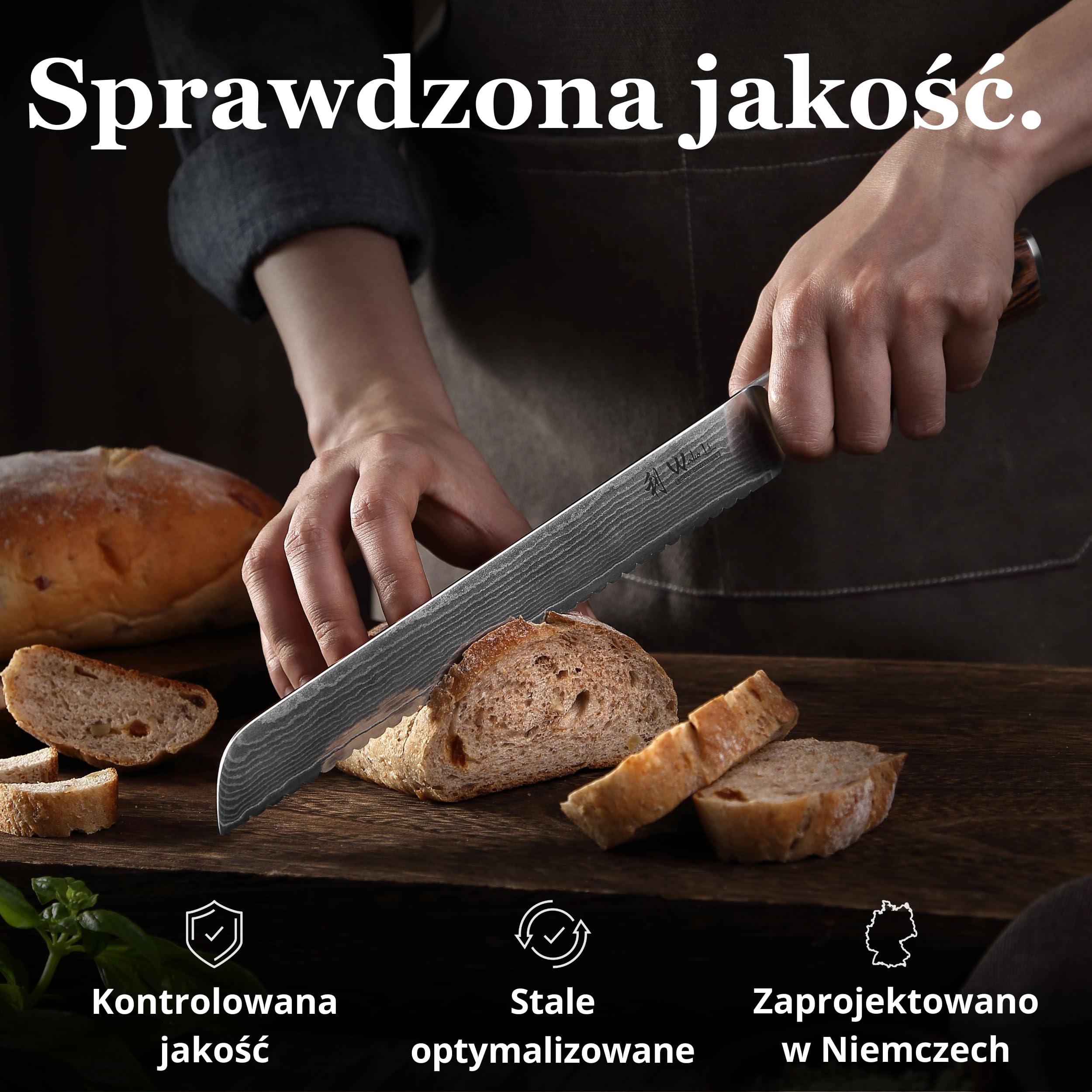 Wakoli EDIB nóż do chleba z ząbkowanym ostrzem ze stali damasceńskiej z rdzeniem VG10, ostrze 20 cm, ergonomiczna rękojeść z drewna Pakka, w pudełku prezentowym, do pieczywa i chrupiącej skórki
