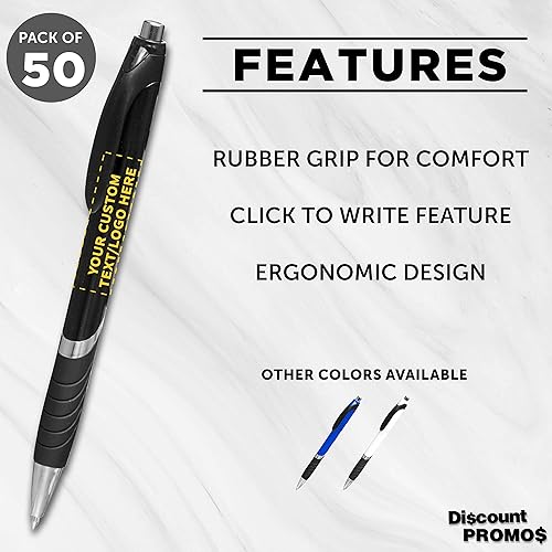 Miniatura 2 de DISCOUNT PROMOS Bolígrafos con agarre de goma, paquete de 50 unidades, texto personalizable, logotipo, bolígrafo de tinta negra con plástico suave