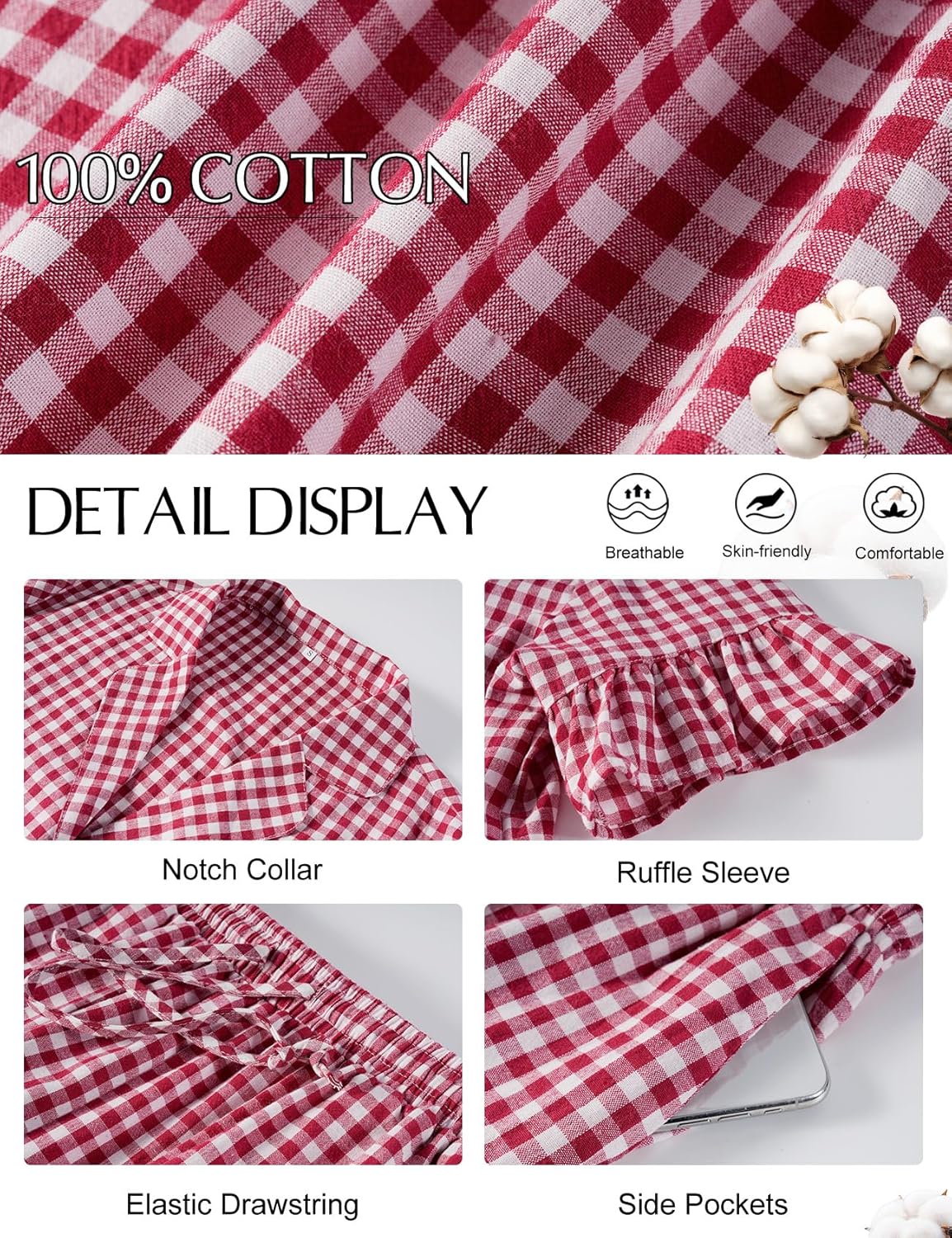 Kissonic Women Plaid Pajamas Sets 2 Piece Cotton Button Down Short Sleeve Shirt Ruffle Pants Gingham Pjs Lounge Set - Image 6