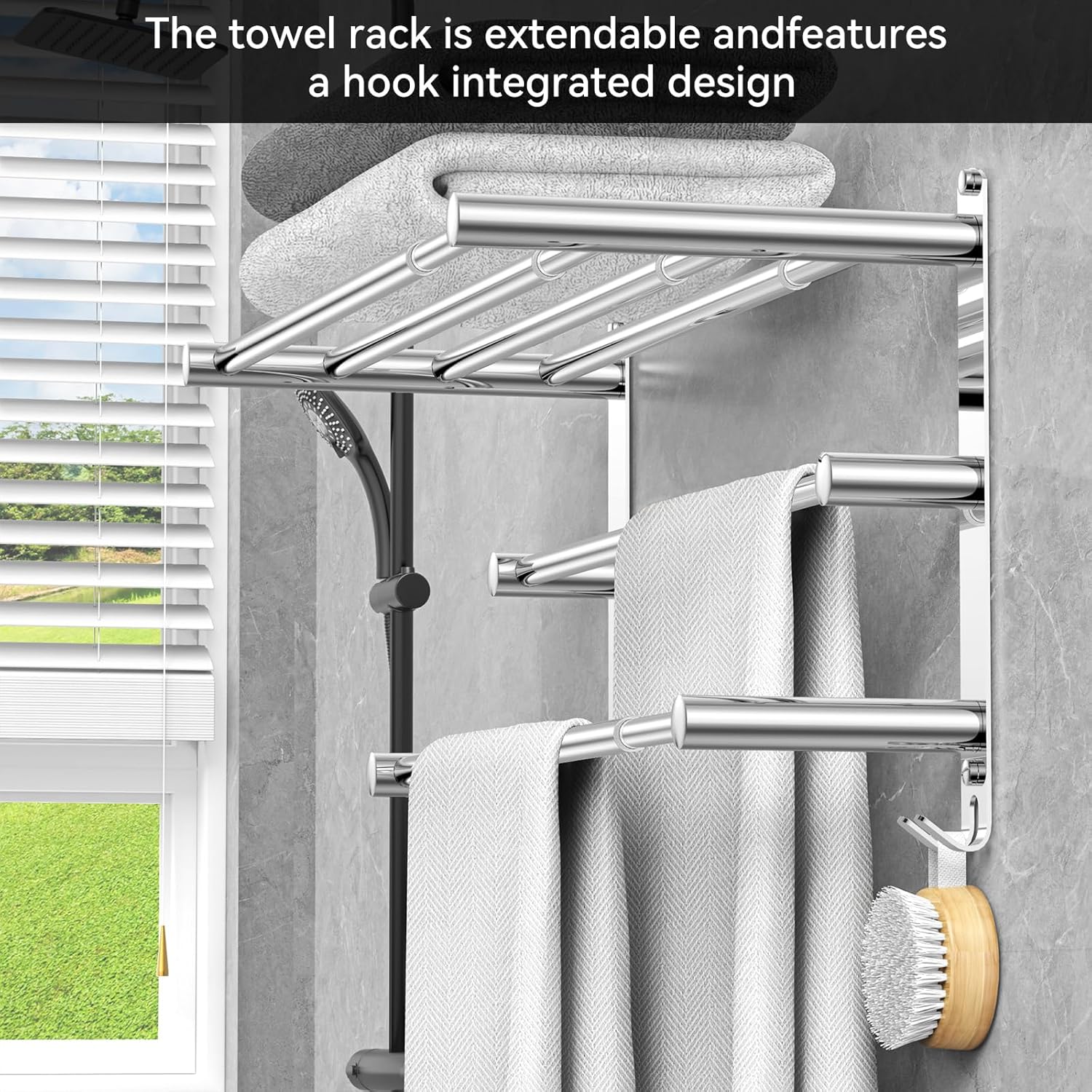 Adjustable Towel Bar for Bathroom Wall Mount17-30.7inch Adhesive Shower Towel Rack Stainless Steel Bath Towel Holders for Toilet Kitchen Double Towel Hanger (3-Layer Towel Rack) - Image 4