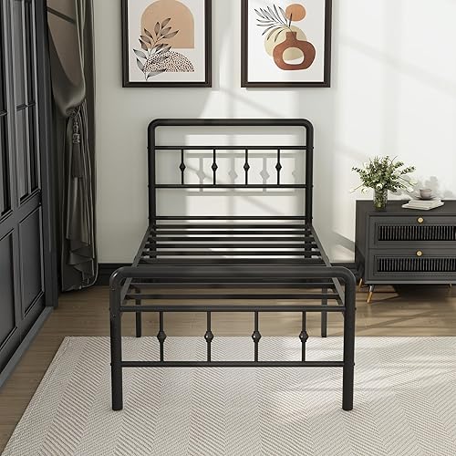 Miniatura 7 de Base de cama individual XL de 16 pulgadas con cabecero y estribo, plataforma de metal clásica, no necesita somier, resistente estilo victoriano,