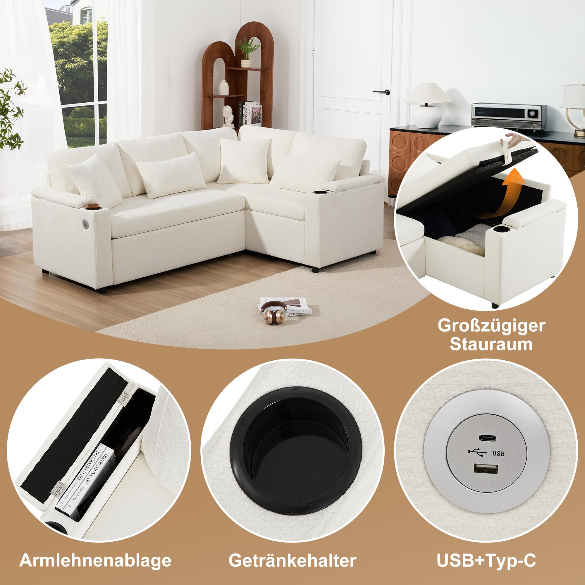 Bladez Divano letto a forma di L, divano ad angolo allungabile, velluto di ciniglia, chaise longue con vano portaoggetti, porta di ricarica, supporto per braccioli, per soggiorno (beige-A)